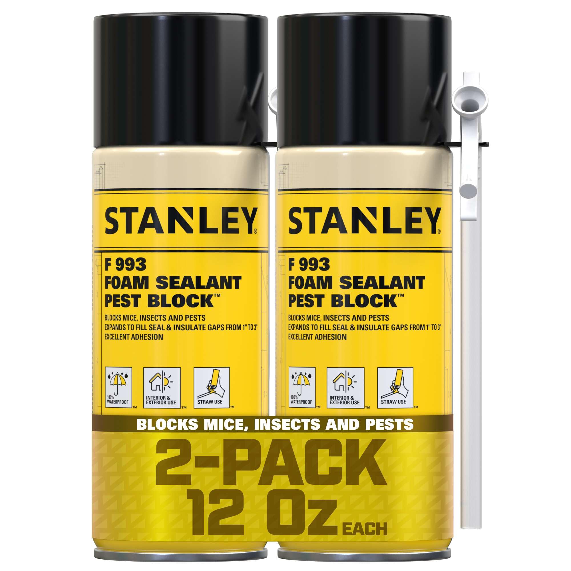 Stanley F993 Expanding Foam Sealant Spray 2x12oz Gaps Cracks Filler PestBlocker for Indoor Outdoor Use Paintable Waterproof Polyurethane
