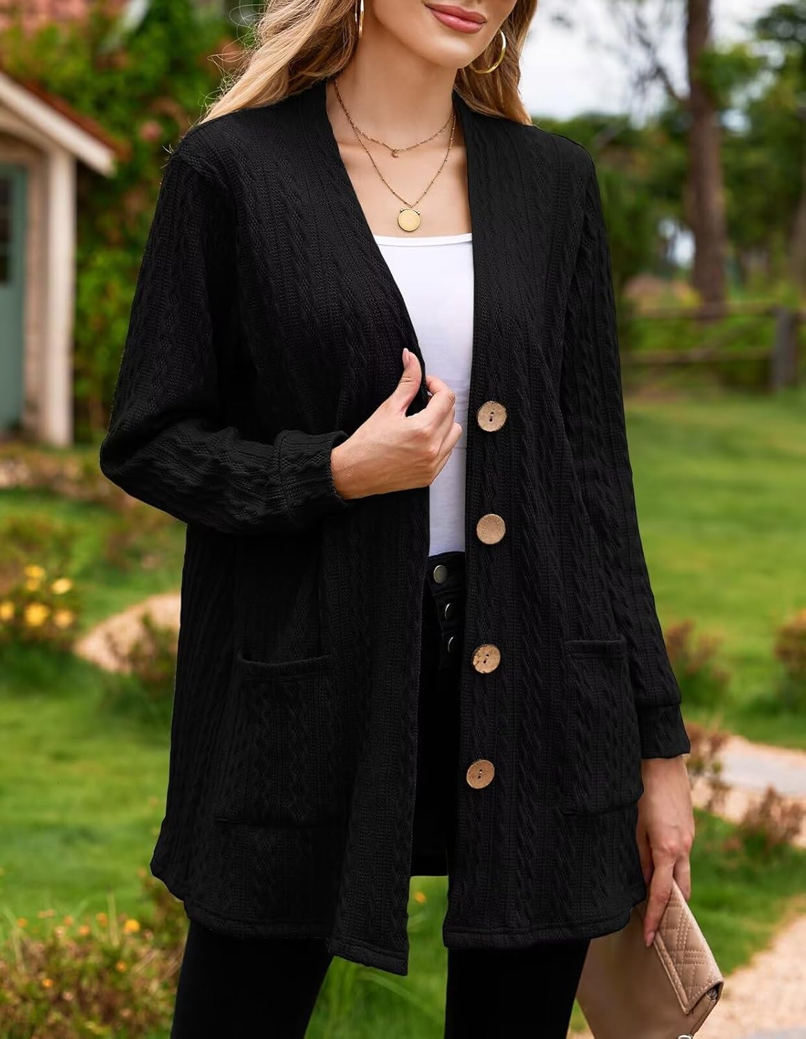 LARACE Open Front Cardigan for Women Cable Knit Sweater with Pockets Plus Size Long Sleeve Tops Button Down Winter Coat - Image 6