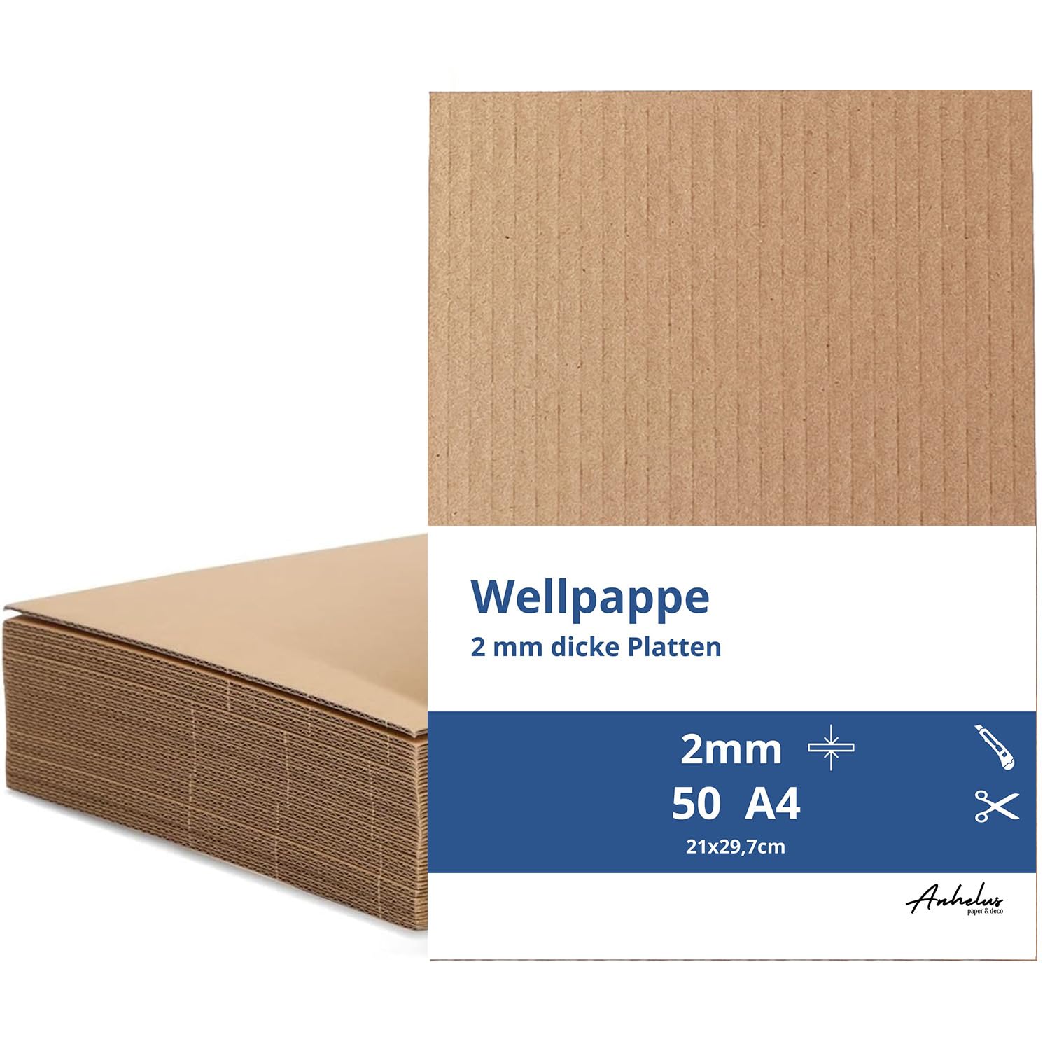 50 Wellpappe A4 | 2mm dick A4 Karton (29,7 x 21 cm) | karton zum basteln und Verpacken | Wellkarton 2mm | Cardboard corrugated
