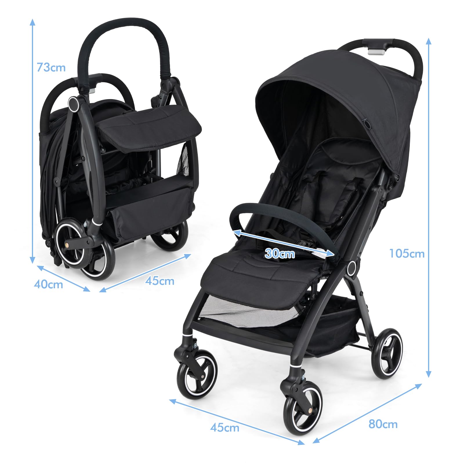 LIFEZEAL Poussette Bébé Pliable avec Dossier Inclinable 150°-180°, Poussette Canne avec Auvent Réglable, Harnais de Sécurité à 5 Points, Roues Universelles, Panier de Rangement, Charge 15 kg (Noir)