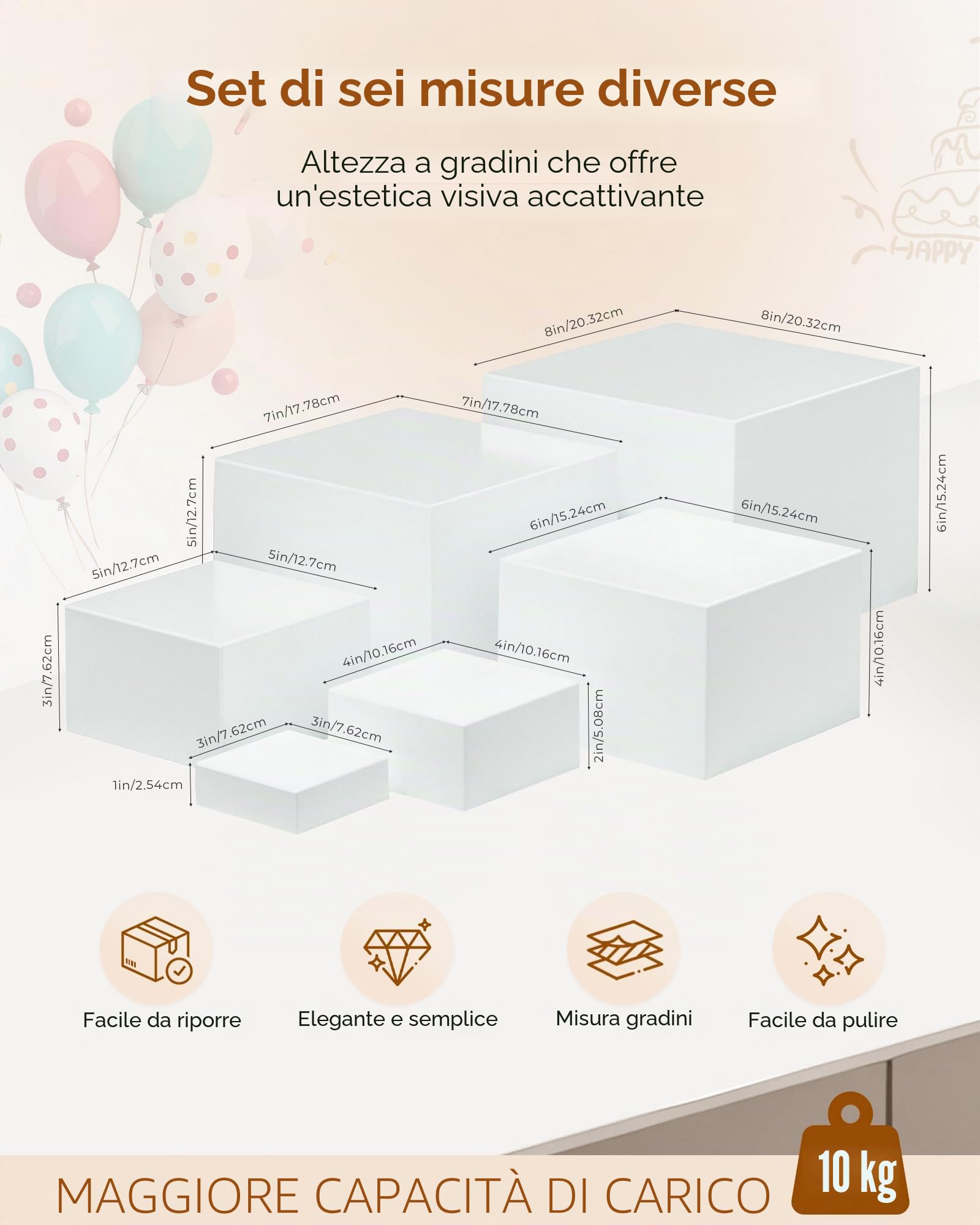 6 Pezzi Alzatina per Dolci, Alzata per Dolci a cubo, Alzata per Torta Riutilizzabile, Alzate per Buffet in acrilico, Alzatine per Allestimenti usato per buffet, cosmetici, matrimoni