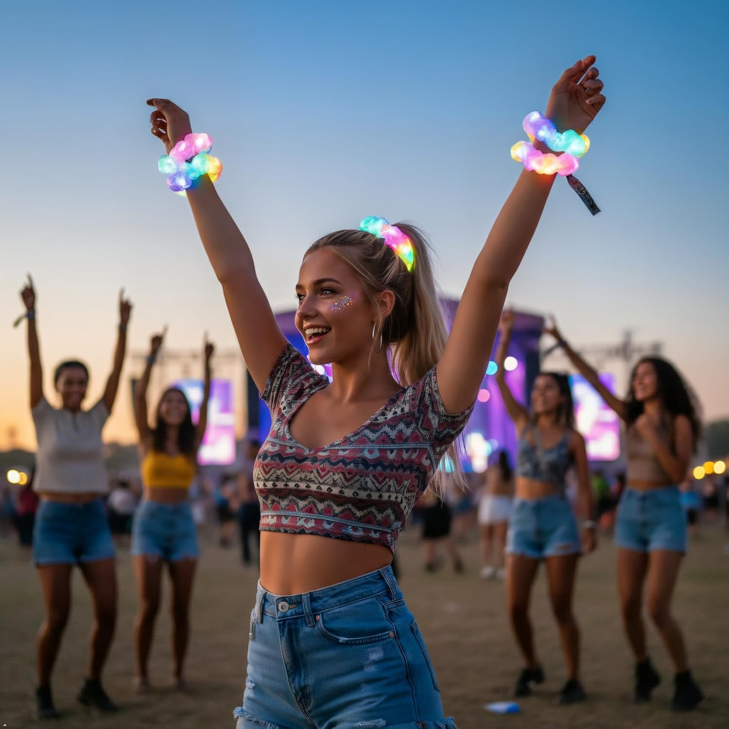 Light Up Scrunchies for Women Girls - LED Hair Ties with Multiple Glow Modes, Mermaid & Rave Neon Slumber Party Favors, Glow in the Dark Party Supplies, Rave Hair Accessories (Multicolor 20+12)