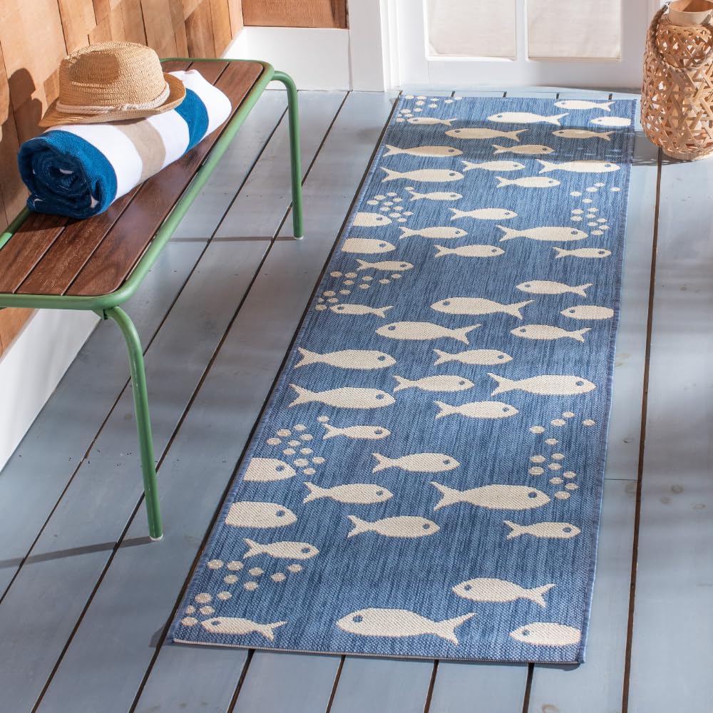 SAFAVIEH Washable Rug Outdoor Courtyard Collection - 2'3" x 12' Runner, Blue & Beige, Non-Shedding & Easy Cleaning, Ideal for Patio, Entryway, Mudroom