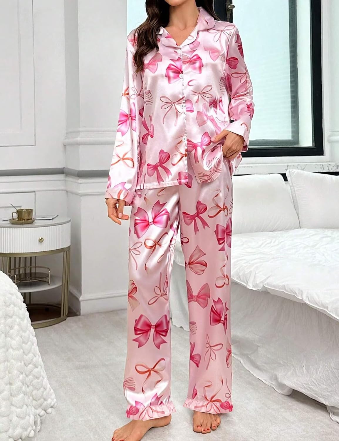 SWOMOG Womens Long Sleeve Pajamas Set 2 Piece Silk Button Down Pjs with Pants Floral Printed Classic Soft Loungewear - Image 5