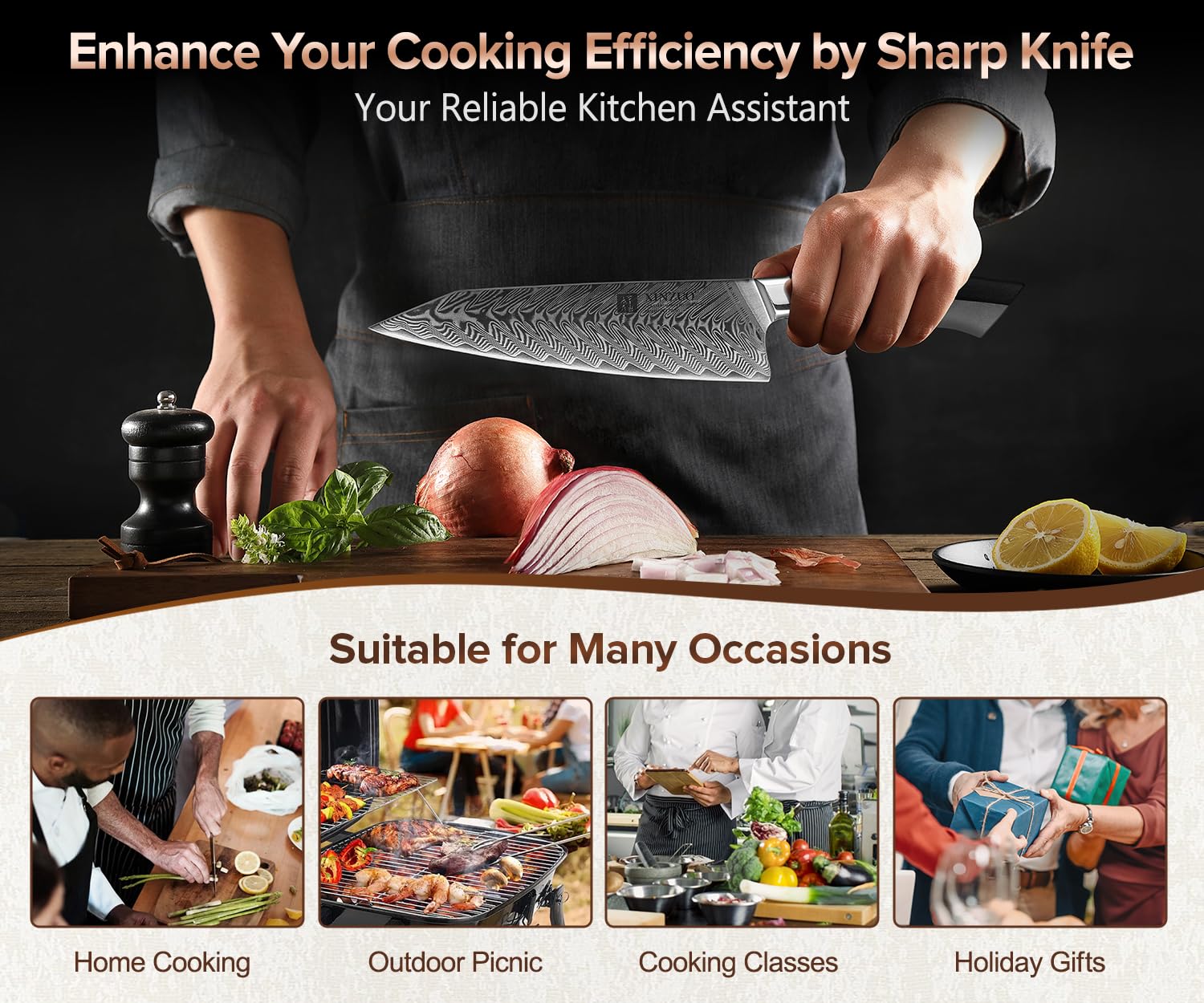 XINZUO Acero de Damasco Cuchillo Chef, 21.5cm Kiritsuke Cuchillo de Cocinero, Profesional Forjado de Gyuto Cuchillos de Cocina, Mango de Grado Militar G10, con Funda Magnética -Serie Feng