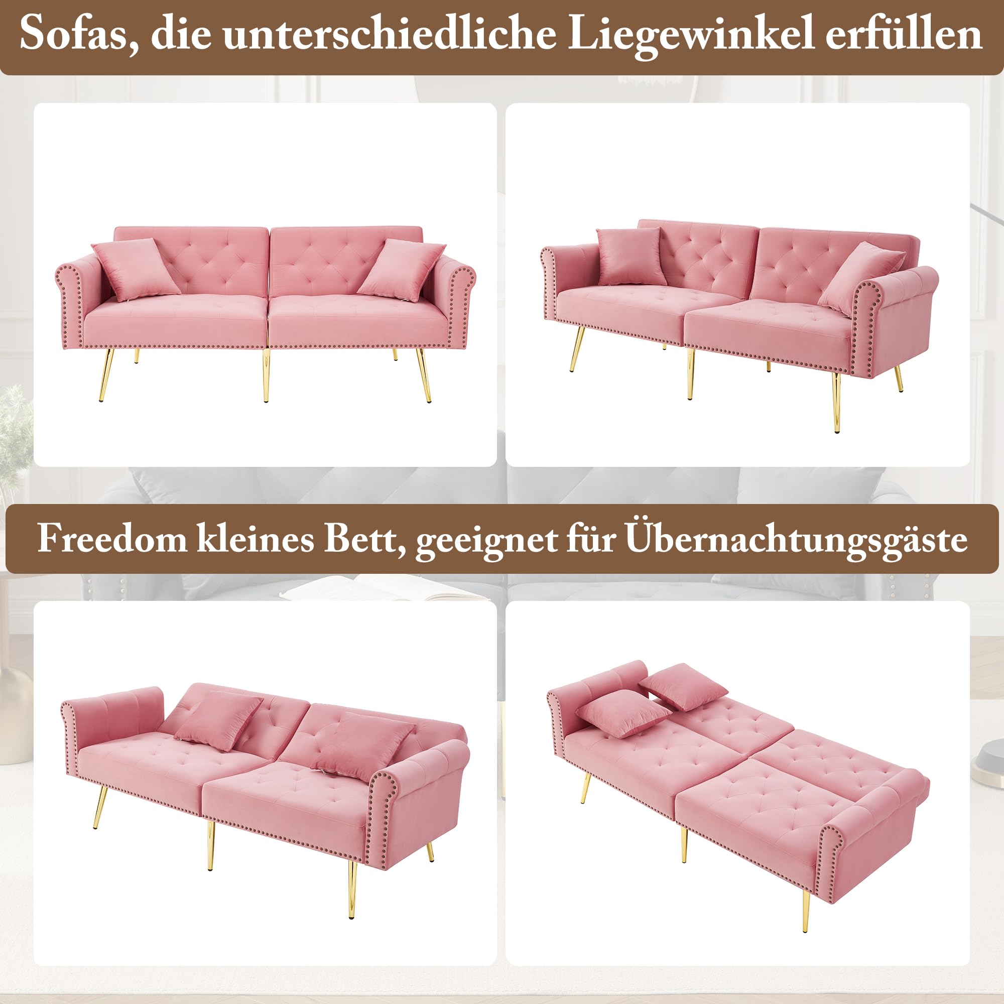 Azkoeesy Divano letto moderno a 2 posti in velluto 173 cm con gambe in metallo dorato e rivetti, 2 cuscini, schienale regolabile a 3 posizioni, per soggiorno e ufficio (rosa)
