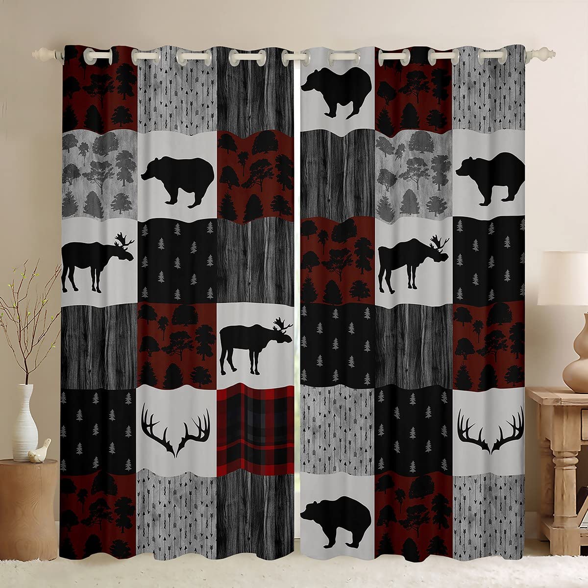 Loussiesd Moose Darkening Drapes Farmhouse Bear Deer Curtain for Bedroom Women Men Buffalo Check Plaid Window Curtains Red Gray Bohemian Arrow Window Treatments W66*L72
