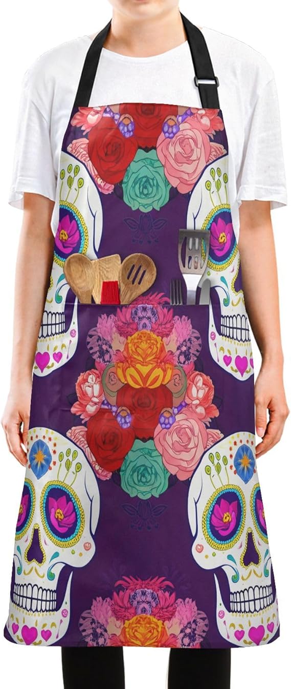 Vibrant Sugar Skulls Apron, Aprons for Women with Pockets - Adjustable Apron for Men Cooking Gardening Baking