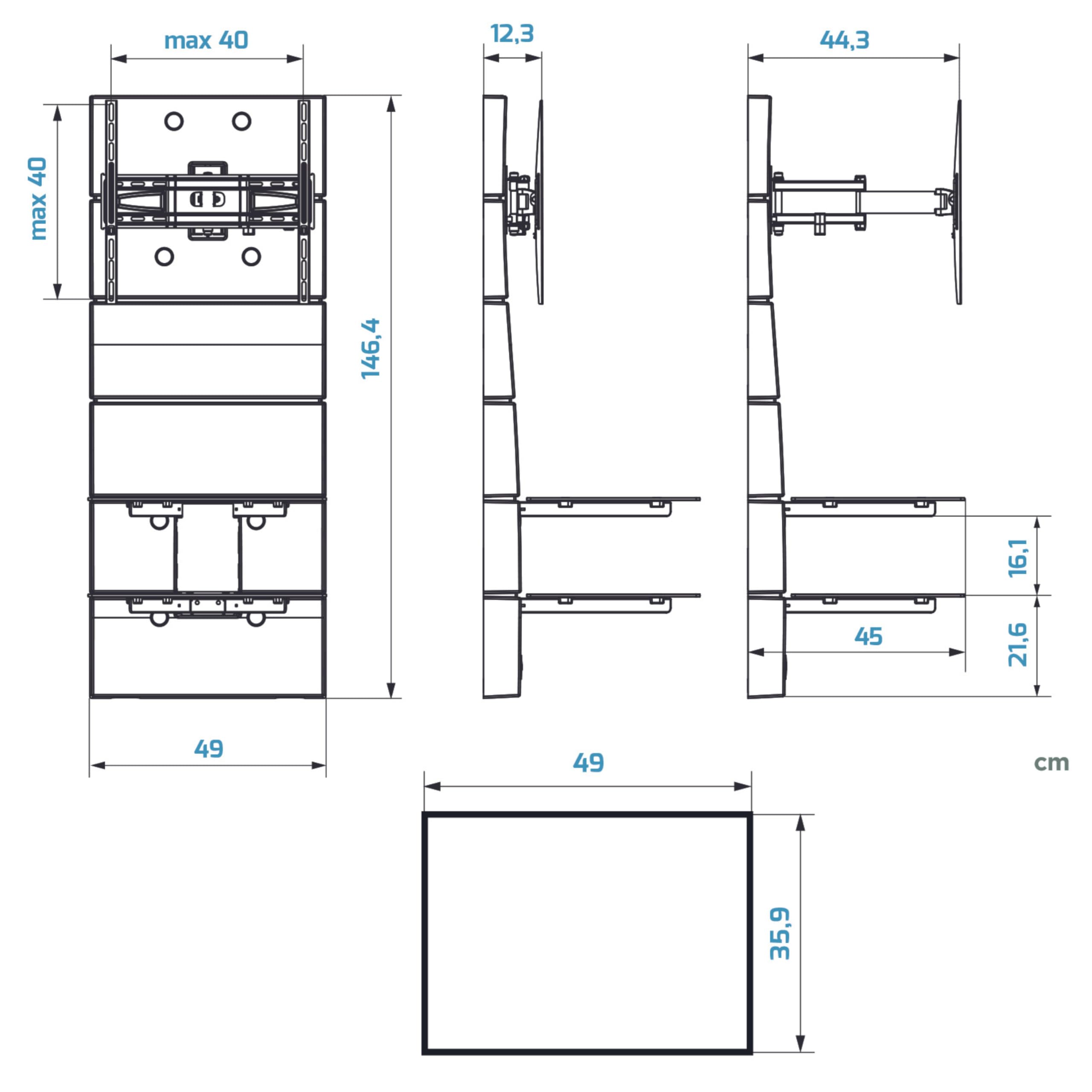 Meliconi Ghost Design 3000 Rotation Supporto Doppio Braccio Orientabile per TV da 32" a 70" con Mensole in Vetro Temperato, Bianco