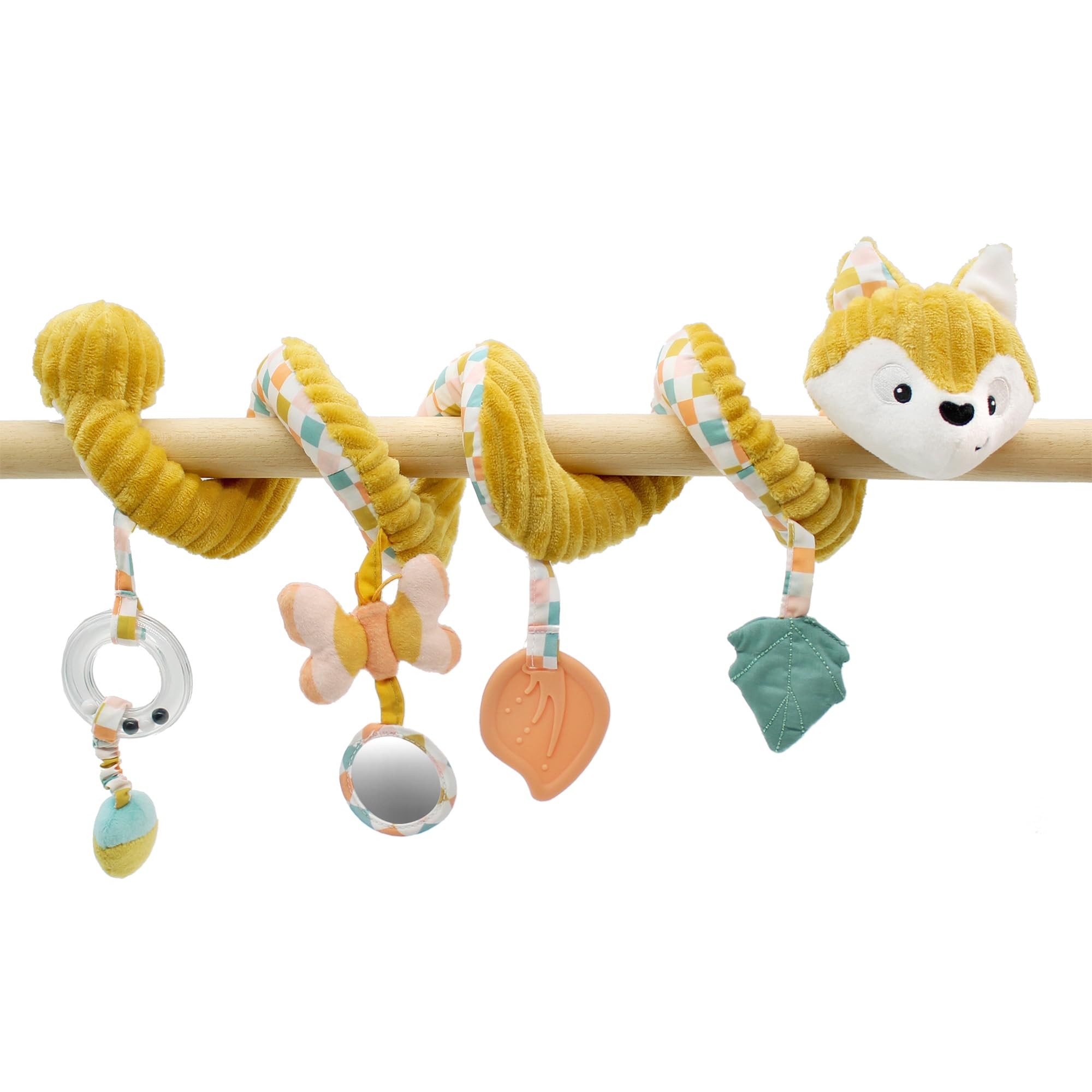 Les DEGLINGOS - Spirale d’activités Cyranos Le Renard - Jouet d’éveil pour bébé avec activités sonores et tactiles - 1 pièce - Moutarde - 40cm déployé