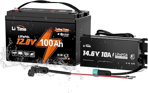 Litime Batería LiFePO4 de motor de arrastre de 12 V 100 Ah (grupo 31), protección a baja temperatura, máx. 15000 ciclos profundos, con cargador de