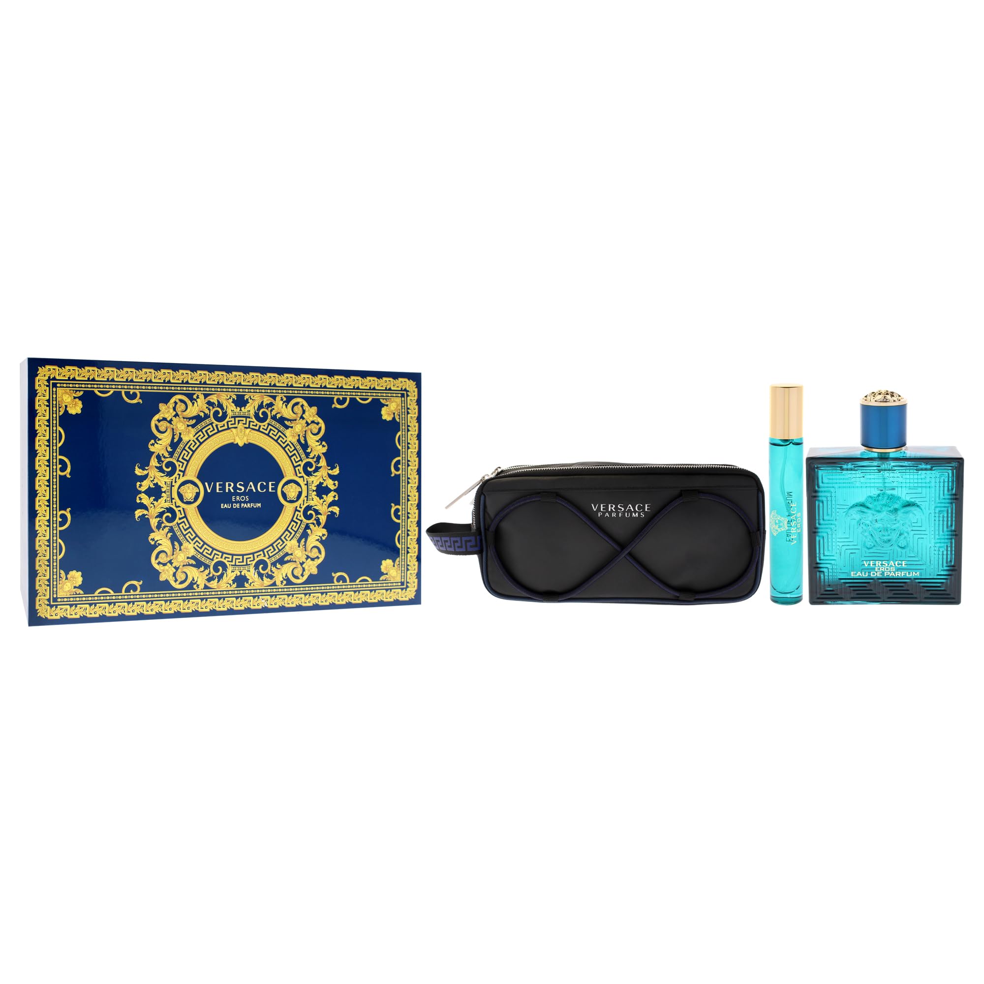 Versace Eros Eau de Parfum set regalo 2025-100 ml EDP, spray da viaggio e borsa per articoli da toeletta