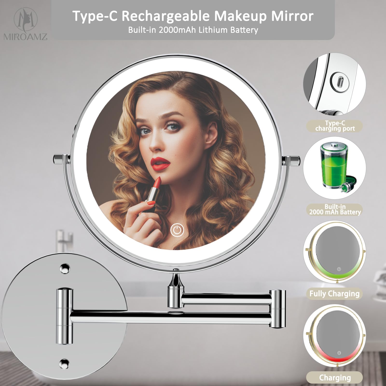 Espejo de cambiador de maquillaje recargable iluminado montado en la pared, 8 pulgadas, doble cara, 1 x 10 aumentos, iluminación de 3 colores, atenuación de visualización táctil, espejo de