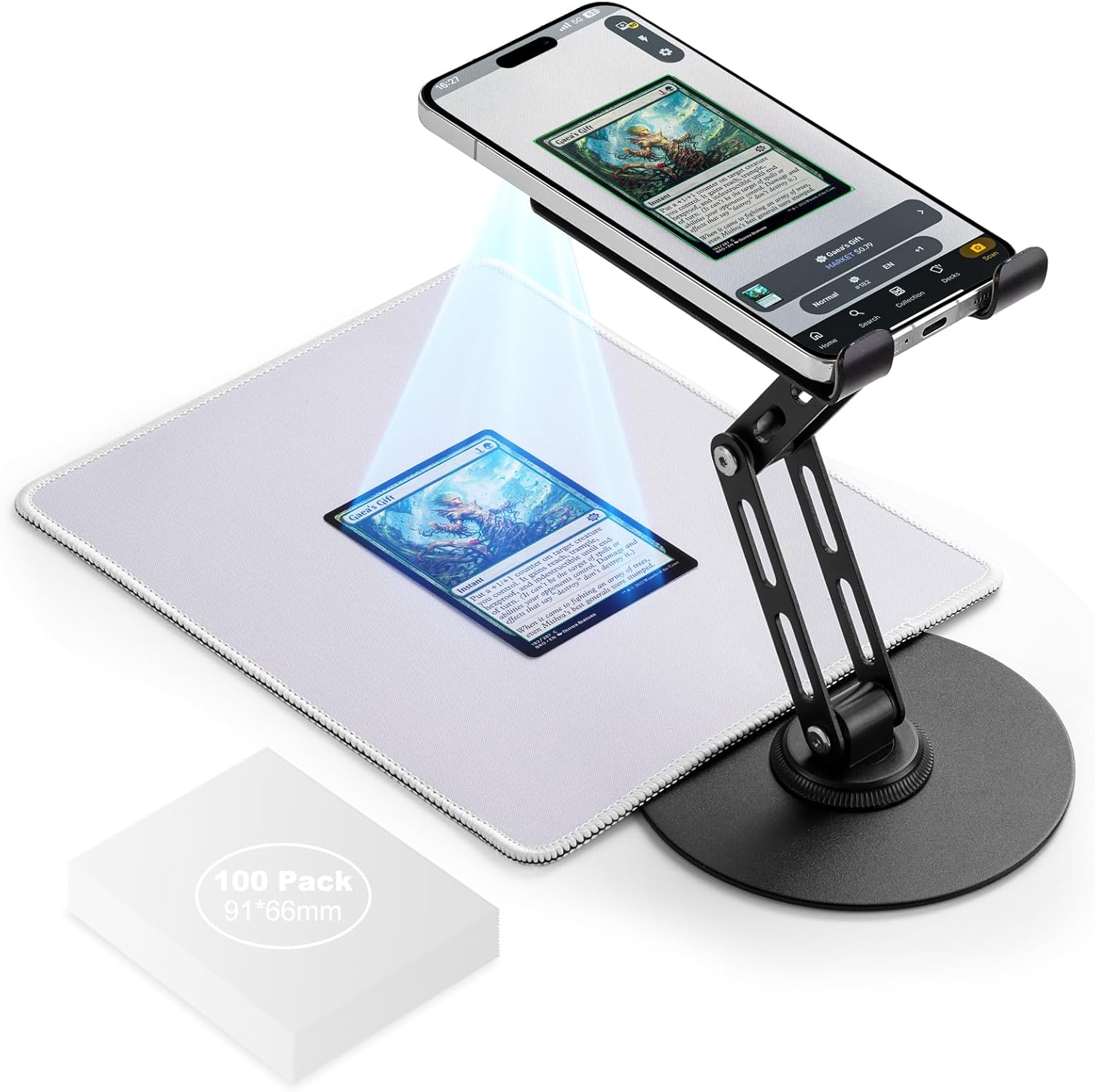 Foldable MTG Trading Card Scanner Stand, Includes 100 Card Sleeves & Scanning Pad, Carbon Steel Phone Holder, TCG accessories, Available for ManaBox