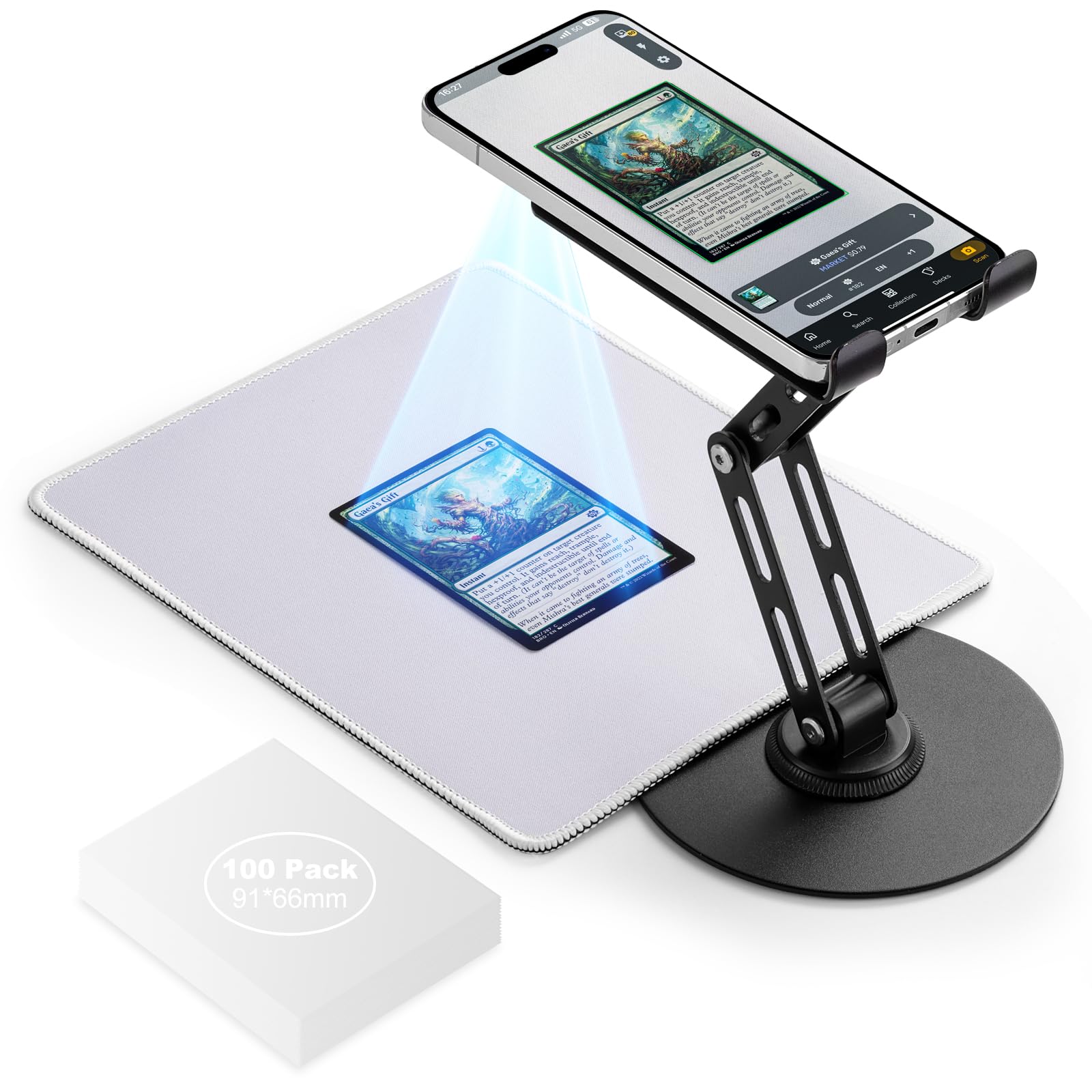 Foldable MTG Trading Card Scanner Stand with Phone Holder, Carbon Steel, Includes 100 Card Sleeves & Scanning Pad, Compatible with ManaBox for Fast Magic The Gathering Card Scanning & Price Checks