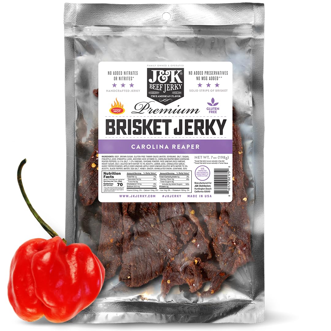 J&K Jerky Carolina Reaper Beef Brisket Jerky - Small Batch American Made Slab Beef Jerky's Spicy and Savory Snack with a Kick - Bold & Flavorful Snack! - 7oz Big Bag of Jerky's