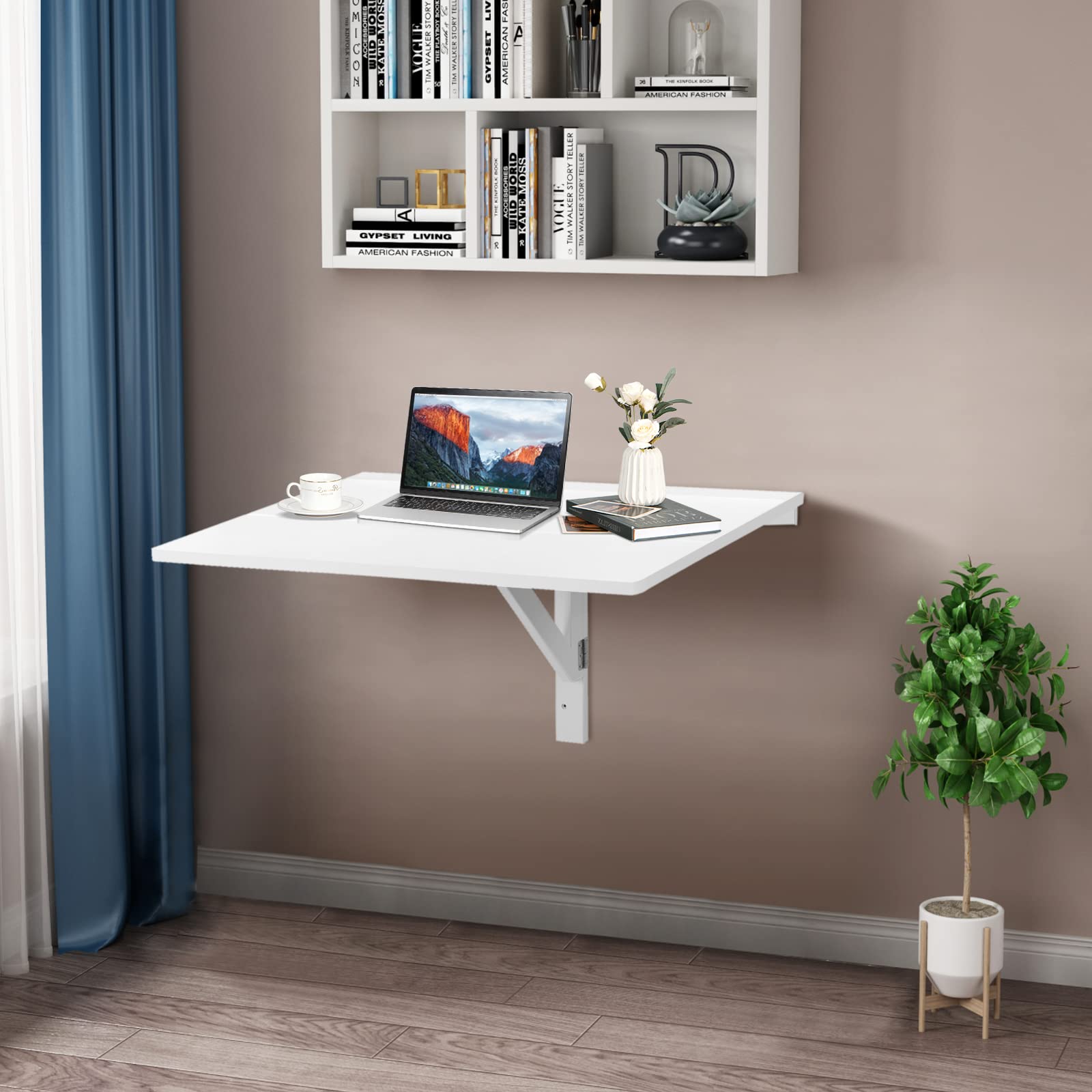 IFANNY Wall Mounted Folding Desk, Fold Down Desk Drop Leaf Table, Laundry Folding Table, Wood Floating Desk for Wall, Foldable Computer Desk Wall Mount, Wall Desks for Small Spaces (White)