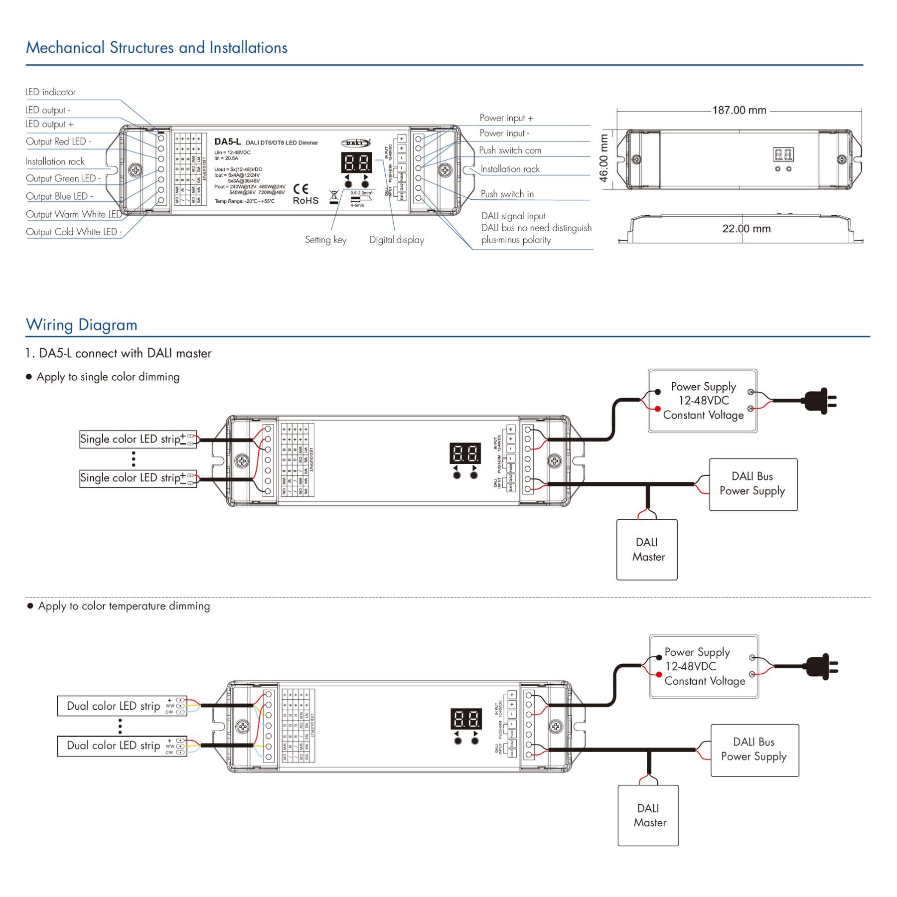 DALI-Dimmer 5 Kanäle, 5X4A@12V/24V, 5X3A@36V/48V, dimmbar mit NO-Taste, Push Dim, DALI-2, PWM, DT6 DT8 für einfarbige LED-Streifen CCT RGB RGBW RGB+CCT