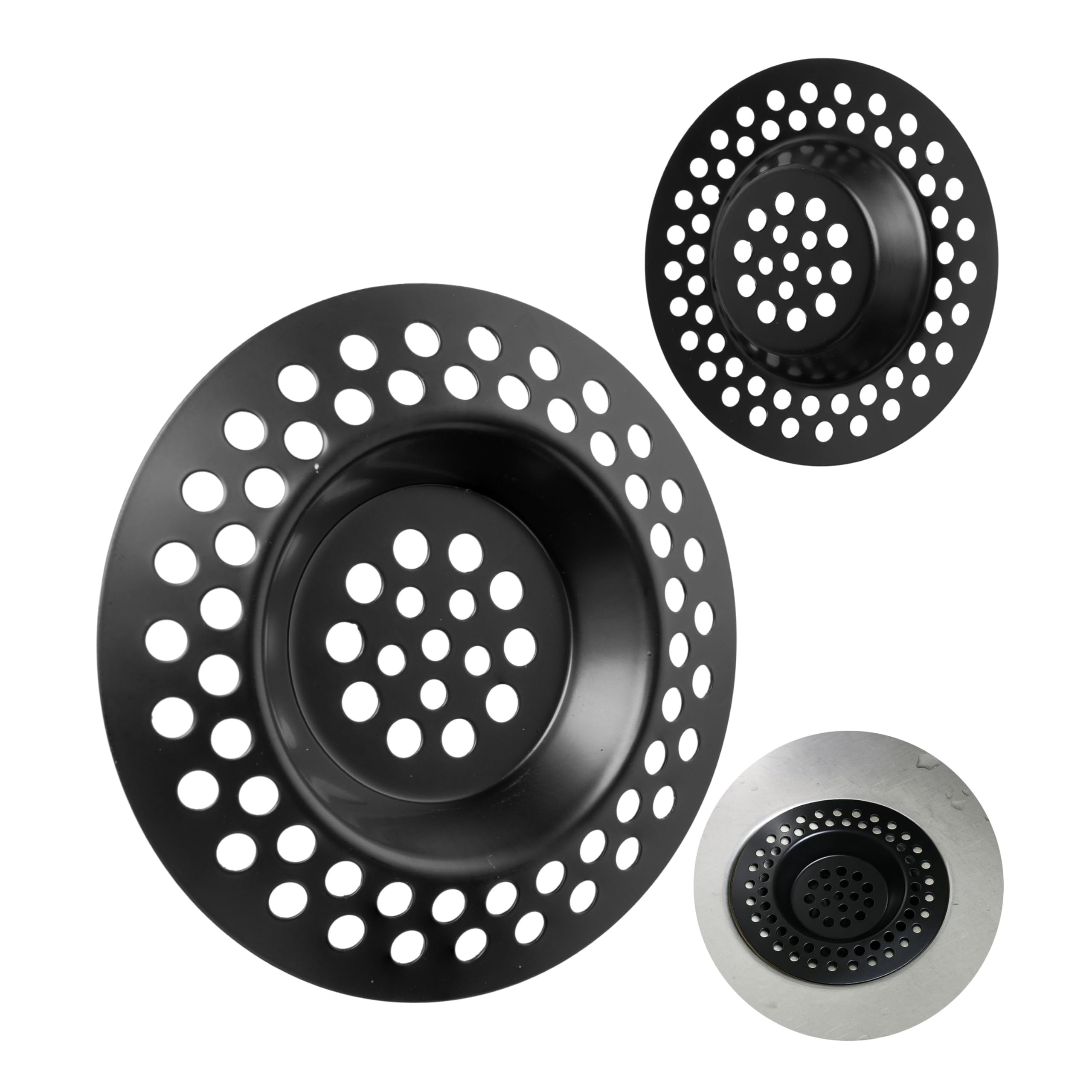 Stainless steel drain strainer, 2 pieces, Ø 70 mm outside, 42 mm inside, protrudes 9.5 mm into the spout, in black Drain strainer for kitchen sink, washbasin, shower tray, bathtub