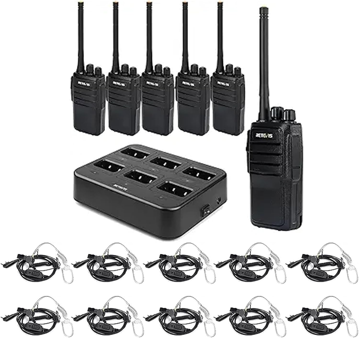 Retevis RT21 Updated Walkie Talkies(6 Pack) with Walkie Talkie Earpiece(10 Pack), Two Way Radios Long Range Rechargeable, 3000mAh Battery, with Six-Way Charger, for Security Warehouse