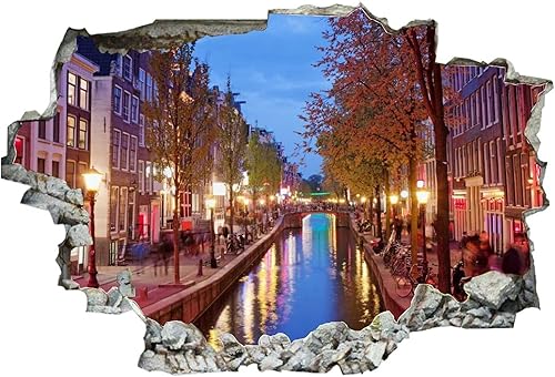 Miniatura 2 de Calcomanías 3D de pared rotas en 3D, diseño de Barrio Rojo de Ámsterdam está ubicado en el anochecer, Holanda del Norte de 36 x 24 pulgadas, vinilo