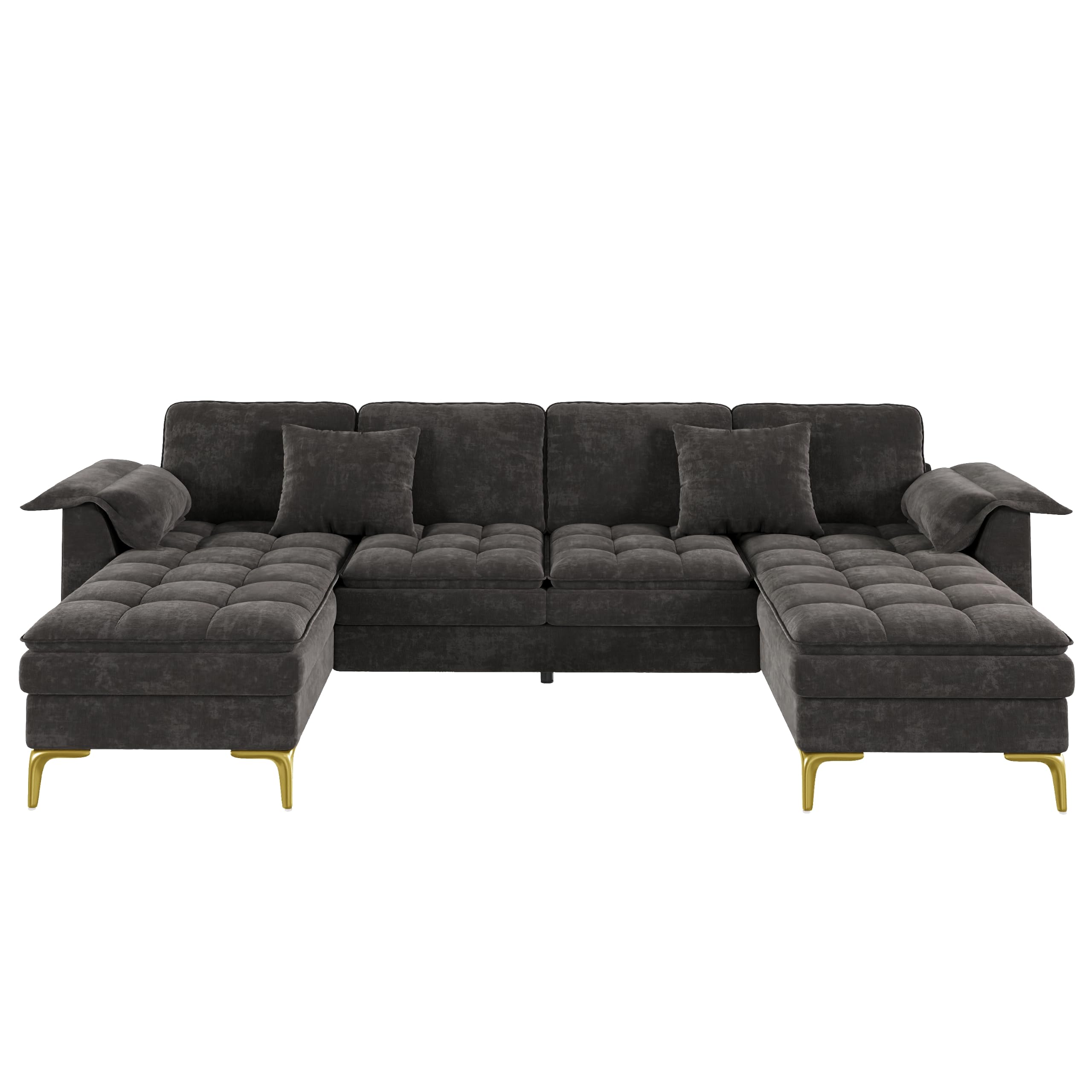 Sofá esquinero en forma de U, diseño modular de 4 plazas con efecto nube y cojín de espuma de doble capa, incluye 2 chaise longues, 2 cojines, patas de metal doradas, funda de chenilla, adecuado para