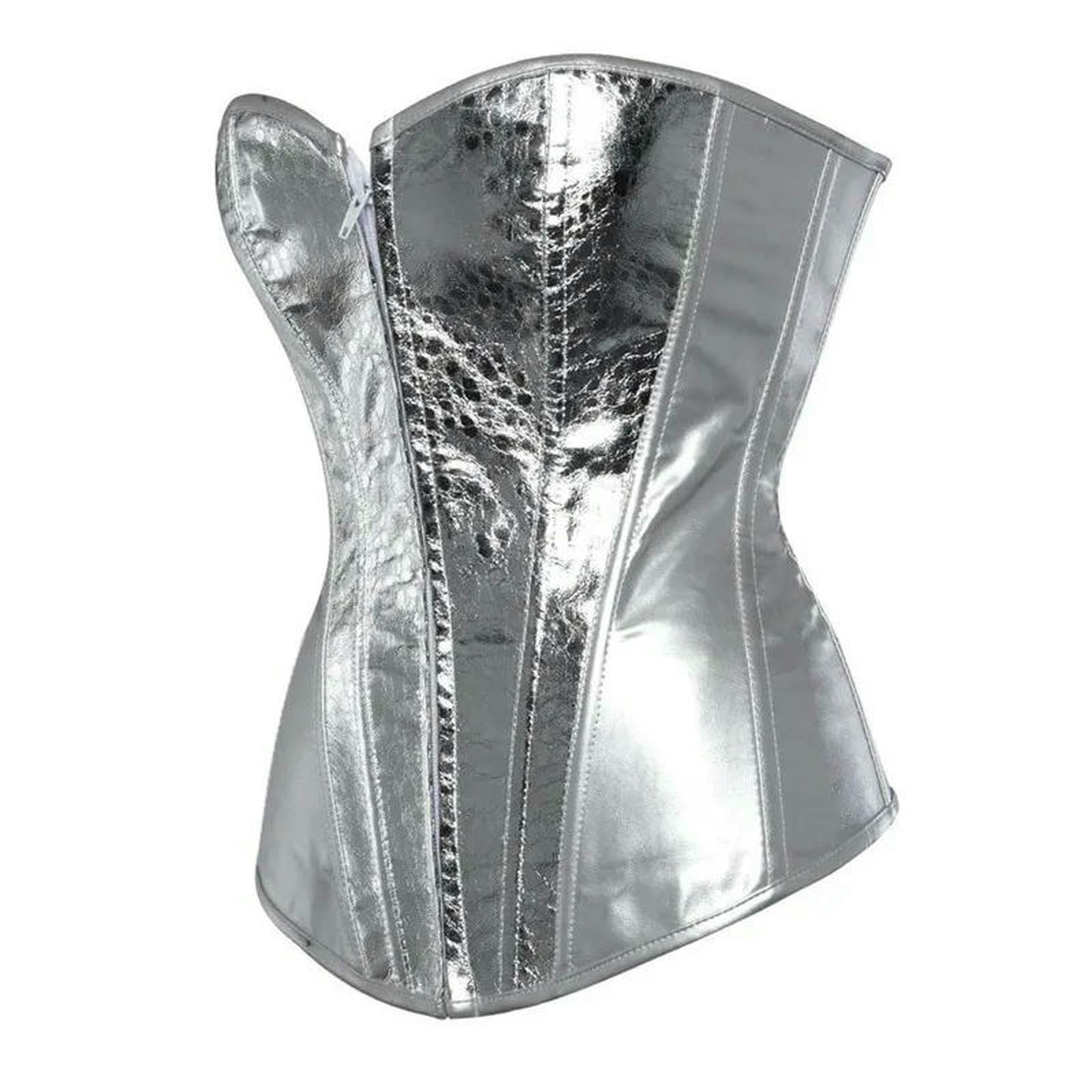 Trener talii Body Shaper dla kobiet Gorset Gorset Faux Leather Overbust Showgirl Clubwear Sexy Burlesque Zipper Front Zip Costume Steampunk Top Plus Size Silver-2797-srebrny-L