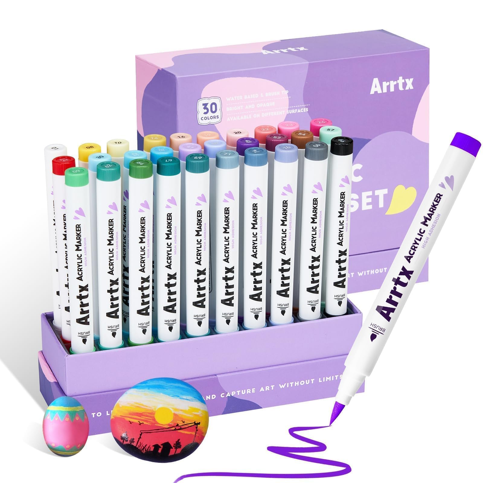 Arrtx 30 Colors Acrylic Paint Pens for Rock Painting, Brush Tip Markers for Rock Painting, Ceramic, Glass, Canvas, Mug, Wood, Easter Egg, Waterproof Paint DIY Crafts Making 30A