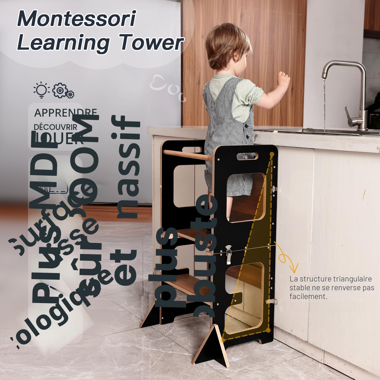 Labebe tour d'apprentissage Montessori avec tableau noir, tour d’observation pliable 3-en-1, pour enfants dès 1 an - Noir