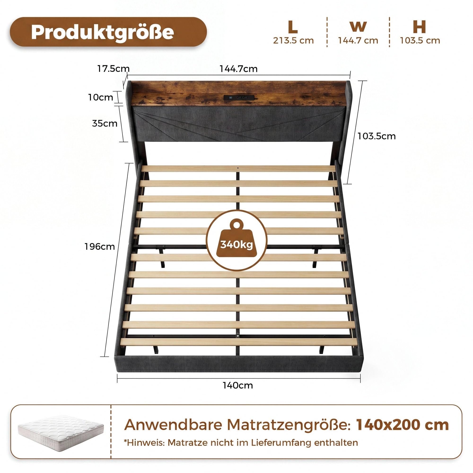 IRONCK Polsterbett 140x200, Schwebebett mit LED-Beleuchtung und Ladestation (USB/USB-C/Steckdosen), gepolstertes Kopfteil mit Stauraum, Bett mit Lattenrost, Doppelbett Bettgestell, Leinen, Dunkelgrau