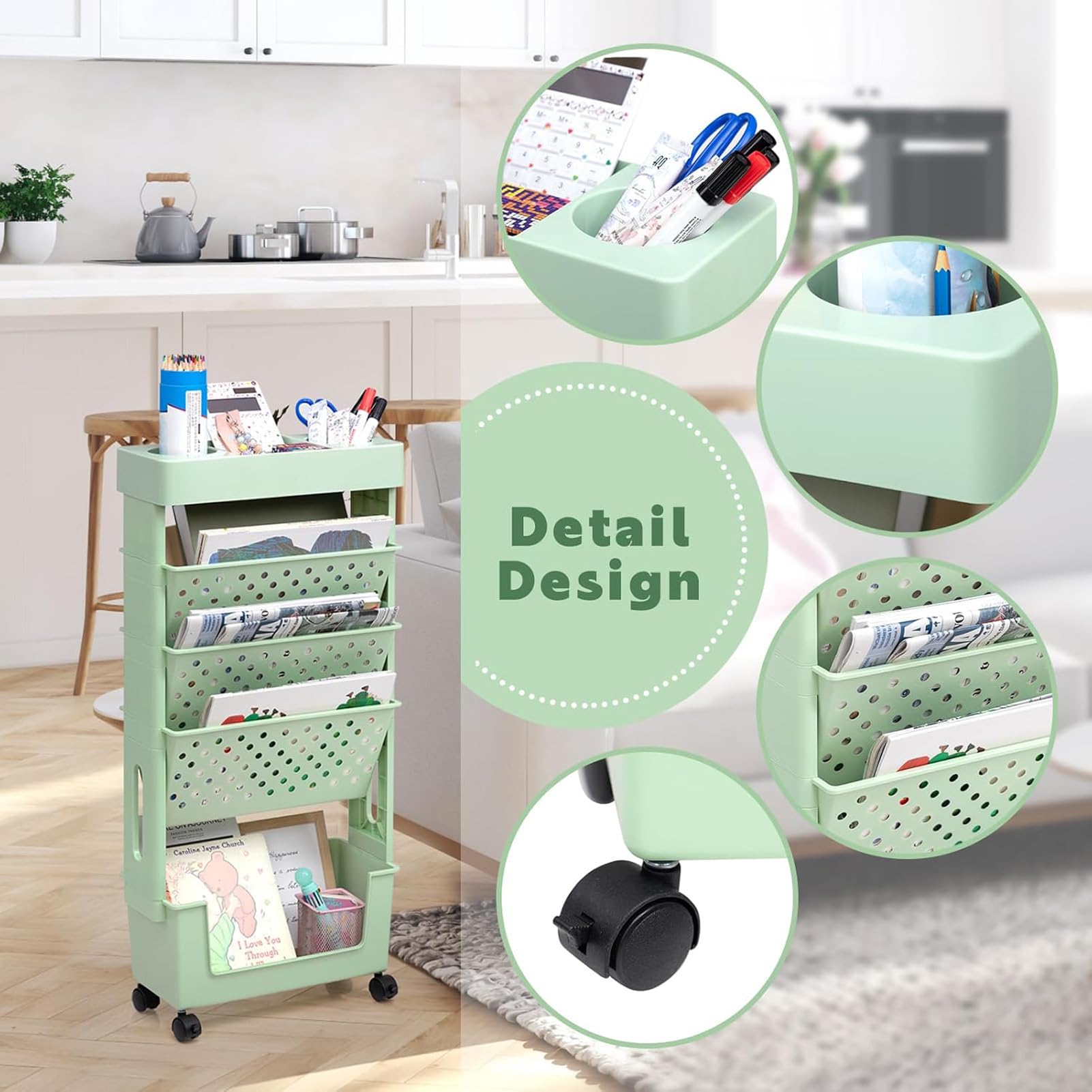 Carrito de libros delgado con ruedas para niños, 5 niveles, estantería móvil para manualidades, carrito de almacenamiento de manualidades, muebles de aula, ideal para escuelas y salas de juegos