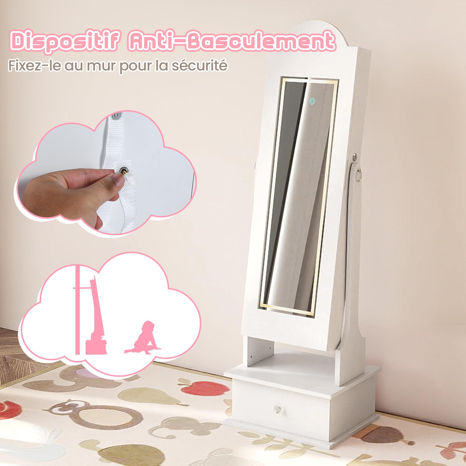 COSTWAY Armoire à Bijoux Enfant avec Miroir Éclairé et Tiroir, Organisateur de Bijoux en Forme Nuage avec Dispositif Anti-basculement, 2 Angles d'Inclinaison, Miroir Pleine Longueur, 3 Ans+ (Blanc)