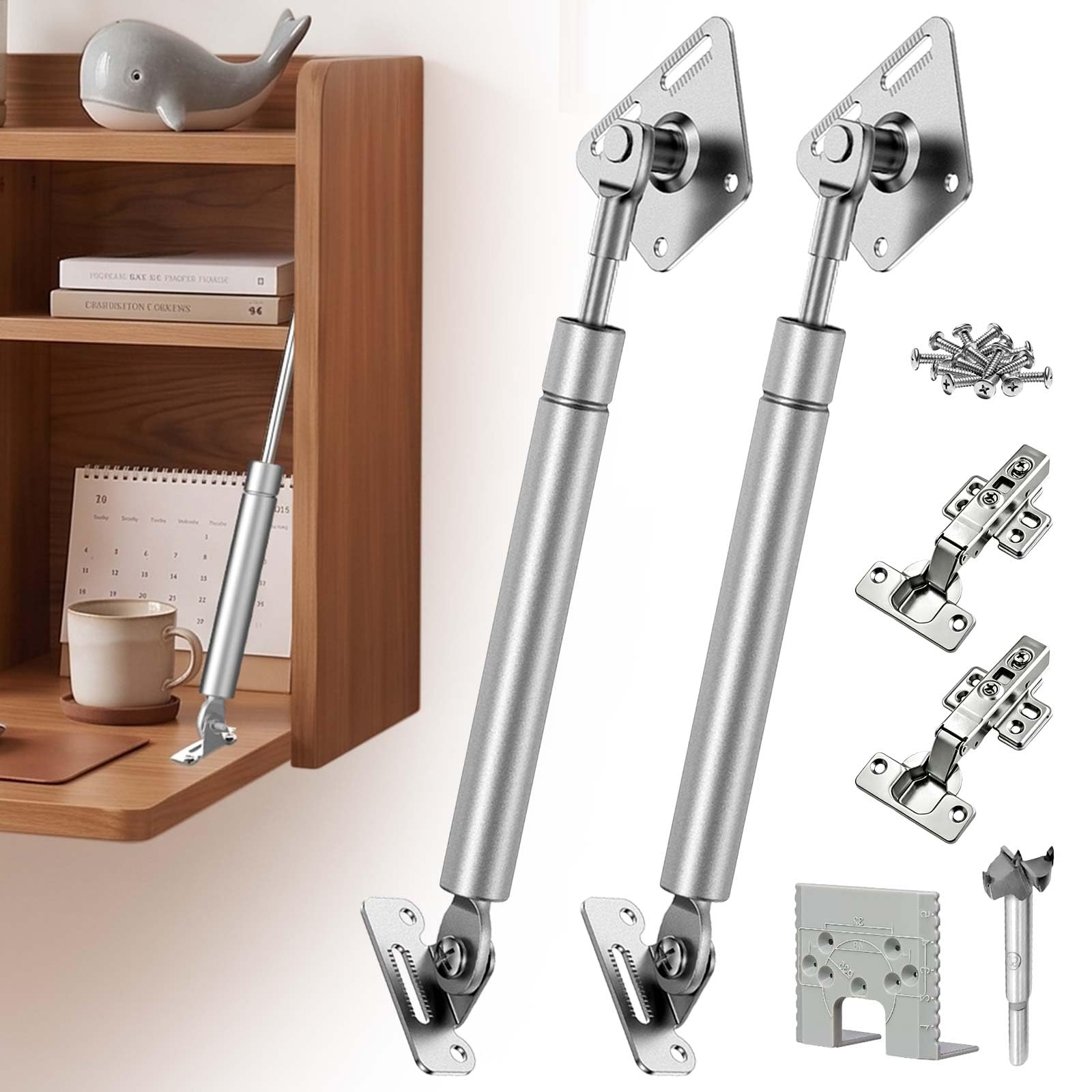 Drop Down Hinges, 100N Soft Close Gas Struts, Gas Spring Hinges for Down Opening Cabinet Doors, Kitchen Cabinet, TV Cabinet, Bookcase, Includes 90 Degree Cabinet Hinge (2PCS, Silver)