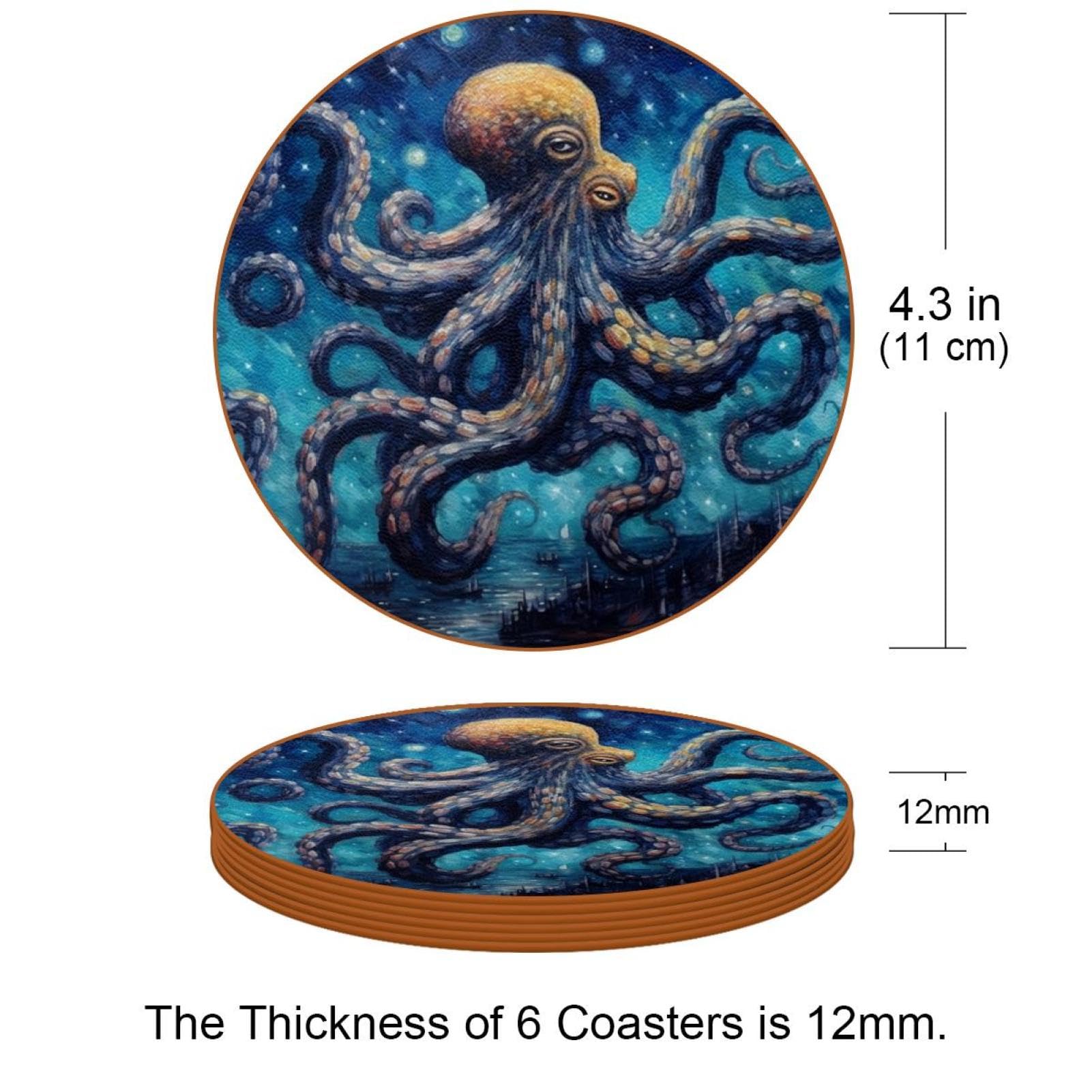 Cartoon-Galaxie-Oktopus-Untersetzer für Getränke, 6 Stück, Tisch-Schutzmatte für Weingläser, Tassen und Tassen, wiederverwendbar im Büro, Küche, Bar, 10,9 cm