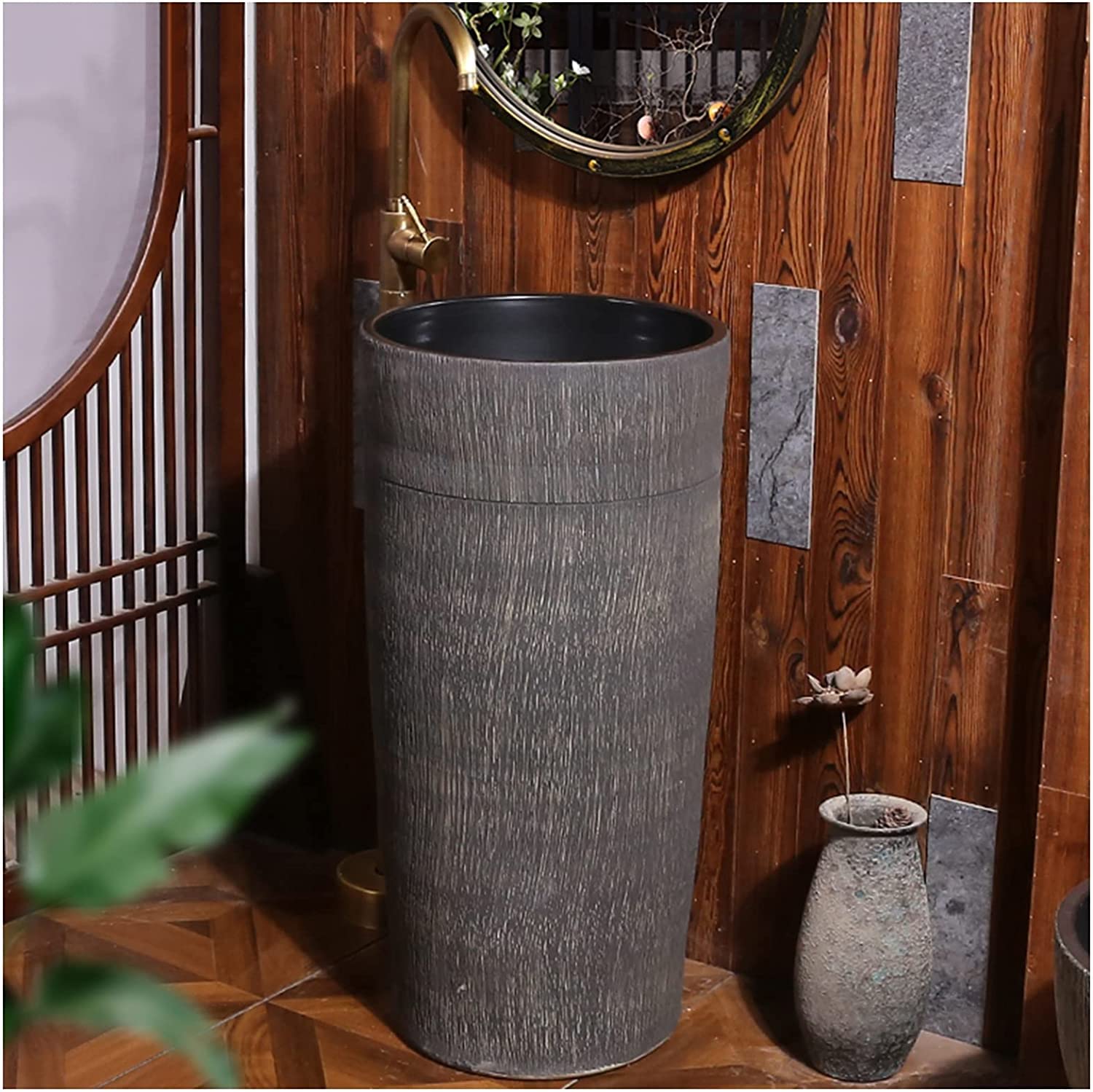 OLSKFUH Freestanding Pedestal Sink Floor Standing Art Sink Pedestal Sink Handcrafted Ceramic Wash Basin Pedestal Washbasin, Kaolin Clay Pedestal Sink Round Freestanding Sink,H-With mirror