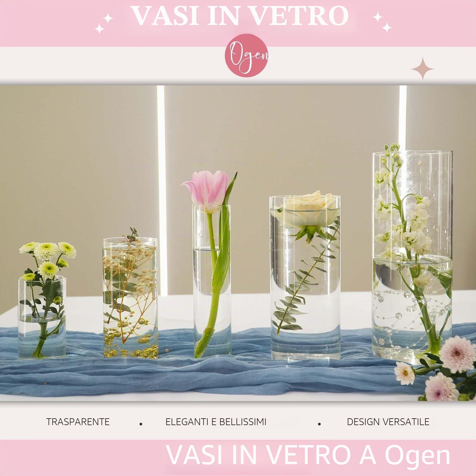 Set di 30 vasi cilindrici in vetro per decorazioni, ideali per decorazioni di matrimoni (30, 10+15+19+20+25 cm)