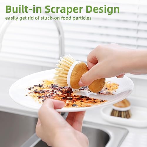 Miniatura 10 de SUBEKYU Cepillo para platos de bambú, cepillo para lavar platos de cocina, cepillo de madera natural para limpiar platos, sartenesollas, raspador