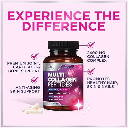 Vista 13 de Suplemento de colágeno múltiple de 2400 mg - Tipos I, II, III, V y X, píldoras de péptidos de colágeno múltiple para mujeres y hombres, suplementos