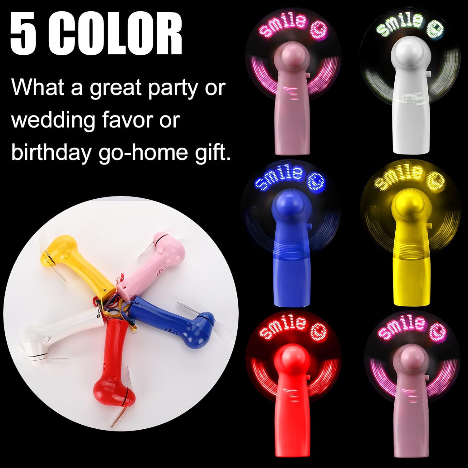 16 Pcs Mini Portable Handheld Fans Smile Face LED Glow Light up Message Battery Powerful Fan Party Favor for Summer Wedding Pool Outdoor Beach Gift(White, Yellow, Pink, Red, Dark Blue)
