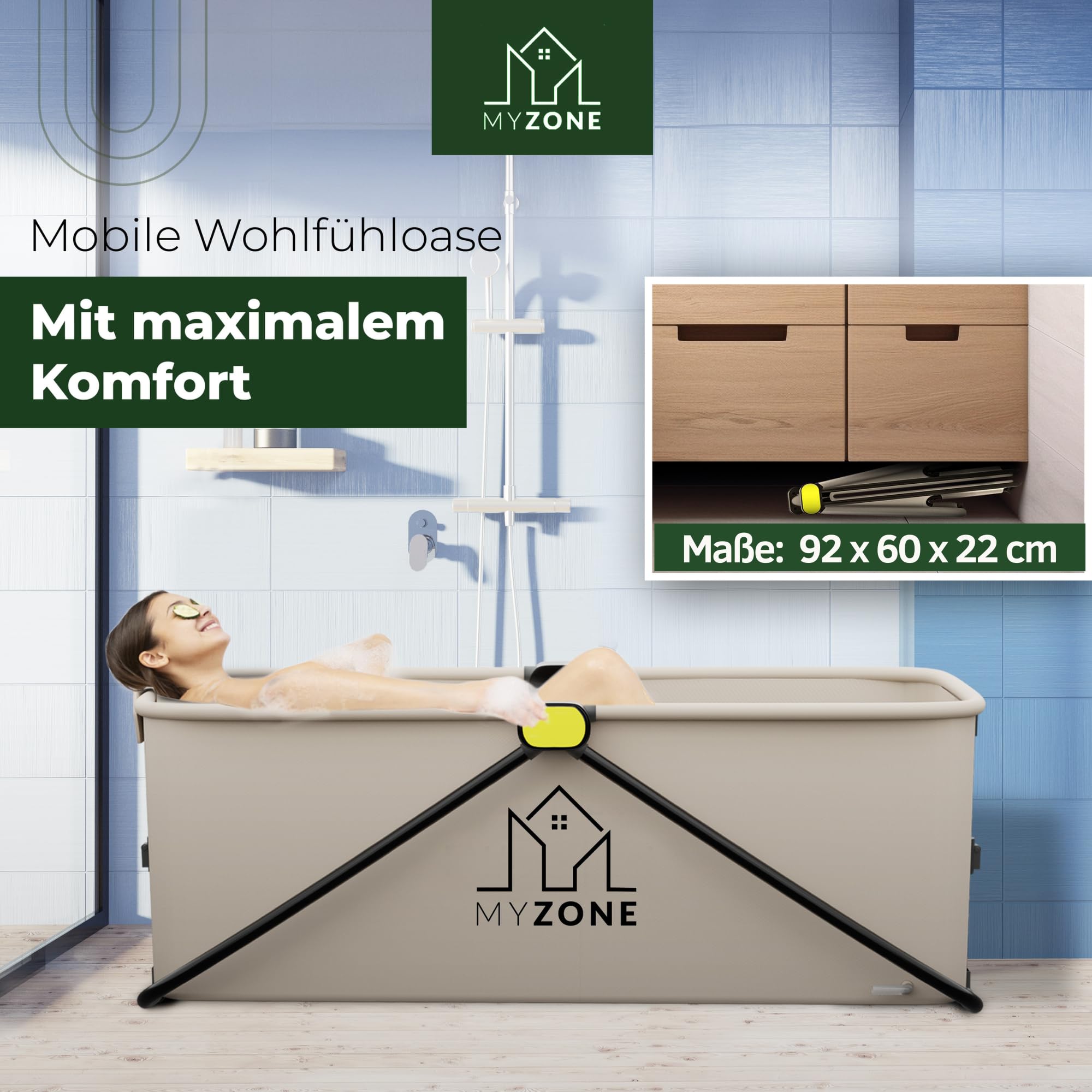 MyZone faltbare Badewanne, 150 x 60 x 50 cm | Klappbare, Mobile, Platzsparende, Badewanne für Dusche | Outdoor, Duschbadewanne, Eisbad/Eiswanne | Alternative zu aufblasbare Badewanne Erwachsene Grau
