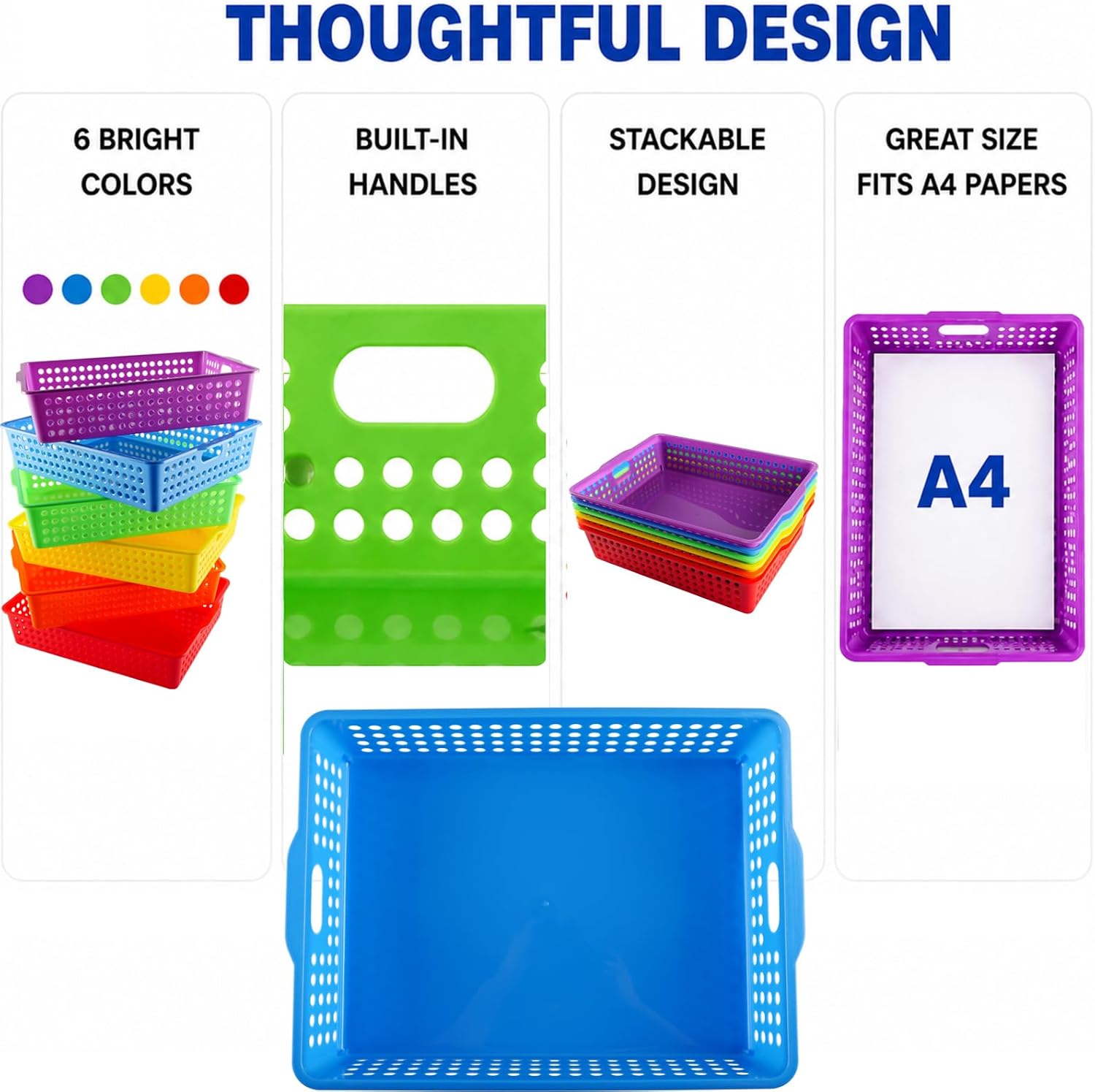 Svartur Classroom Paper Tray Set of 6, Plastic Turn in Trays for Classroom, Stackable Letter Size Organizer Bins with Handles, Teacher Storage Baskets for School Supplies, Art, Office Organization image 5
