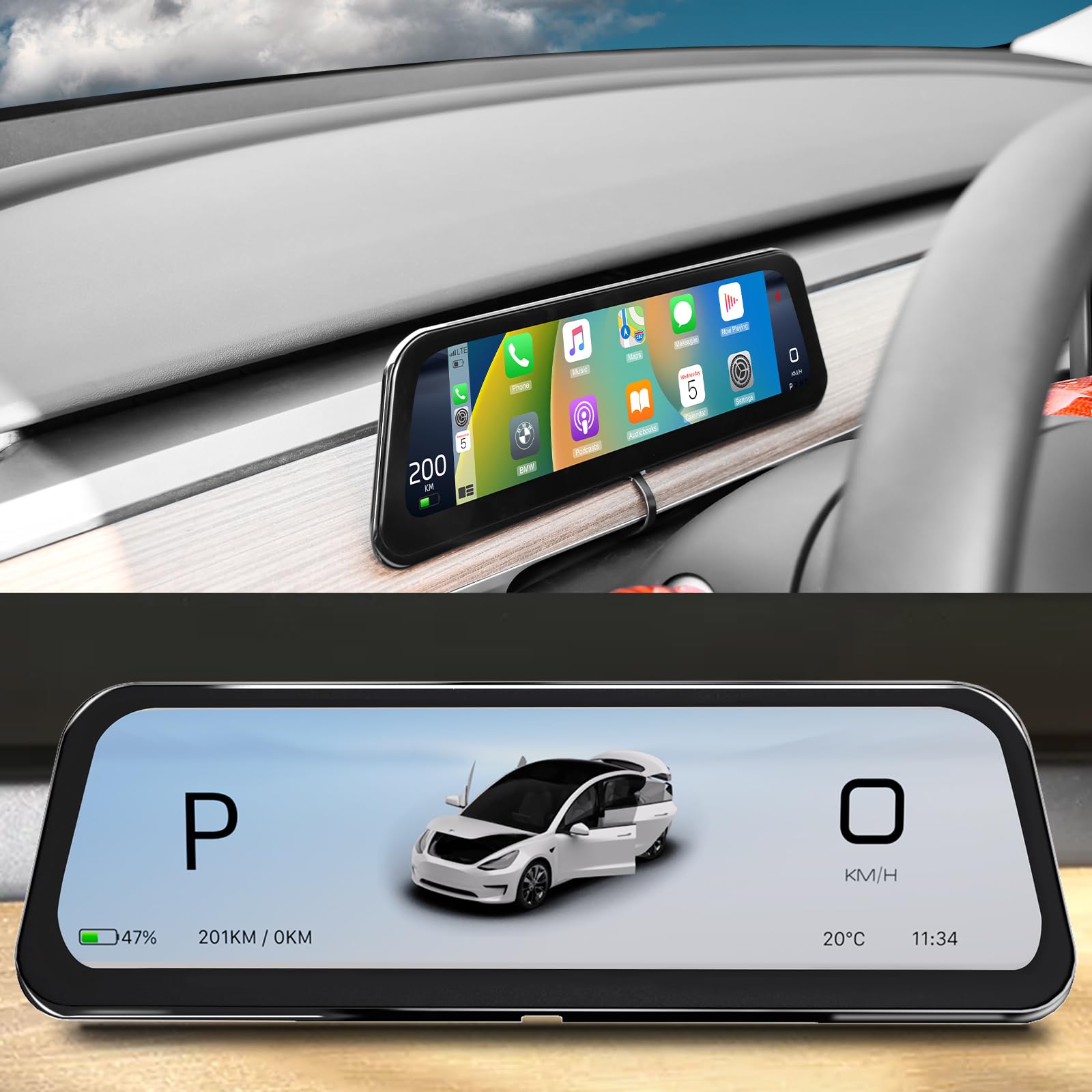 Affichage HUD Tesla pour Model Y (2019-2024) & Model 3 (2017-2023) – 9,66" sans Fil CarPlay/Android Auto, Alerte d'angle Mort, Écran Anti-Reflets