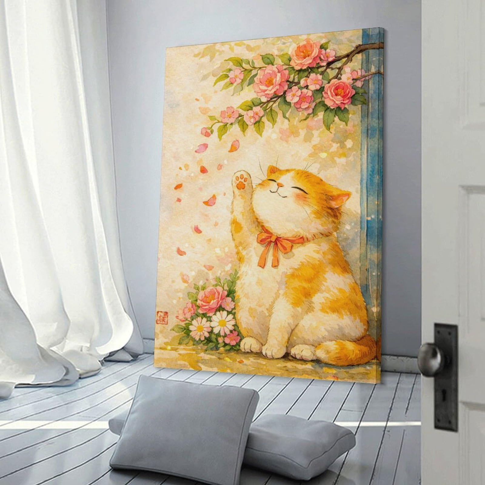 Junmoney Cute Cat with Flowers Canvas Wall Decor, 08x12inch(20x30cm), for Gallery Wall Decor And Room Displays, Wall Decor Suited to Curated Displays