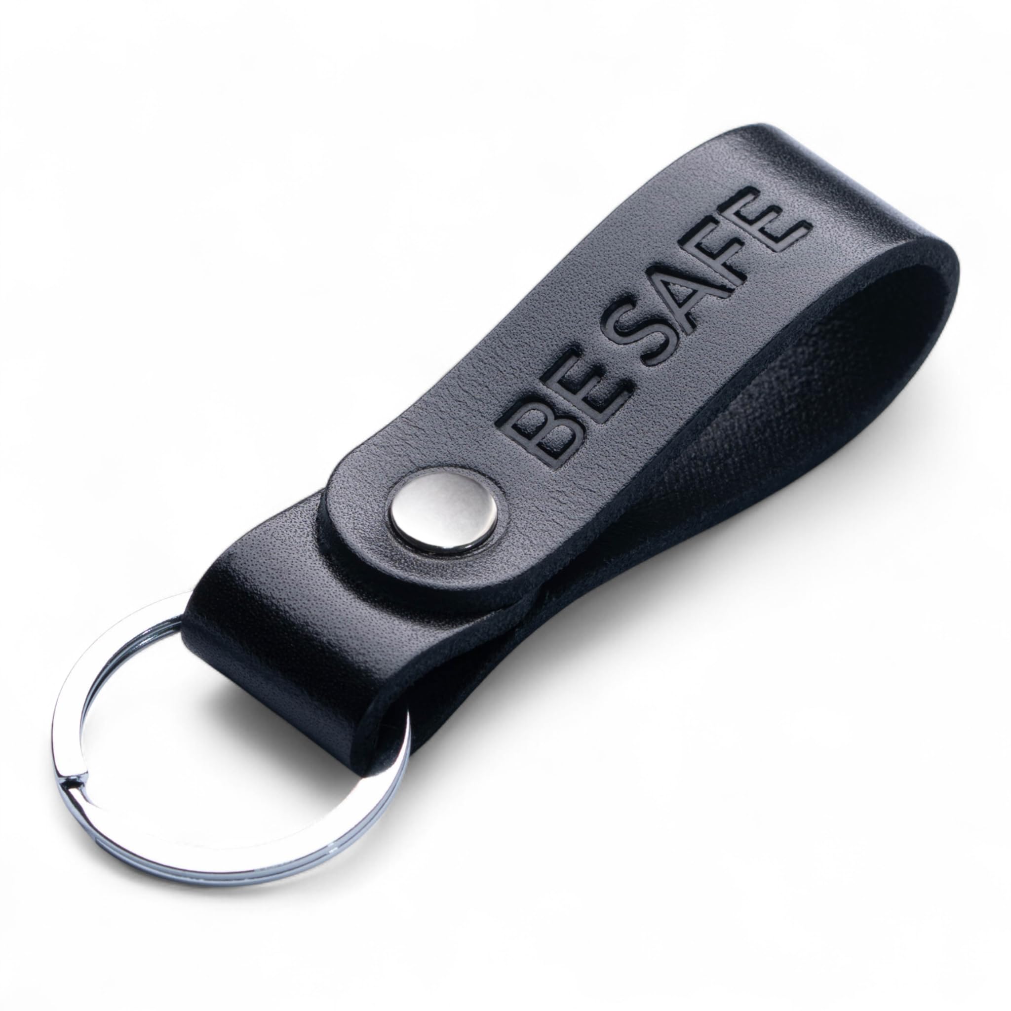 MAGOR Leather Full Grain Keyring for Men and Women, Personalised Keychain for Car or Home Keys, Elegant Black Key Ring with Hot Embossed Design, Premium Gift for Him Her Dad Husband (BE SAFE)