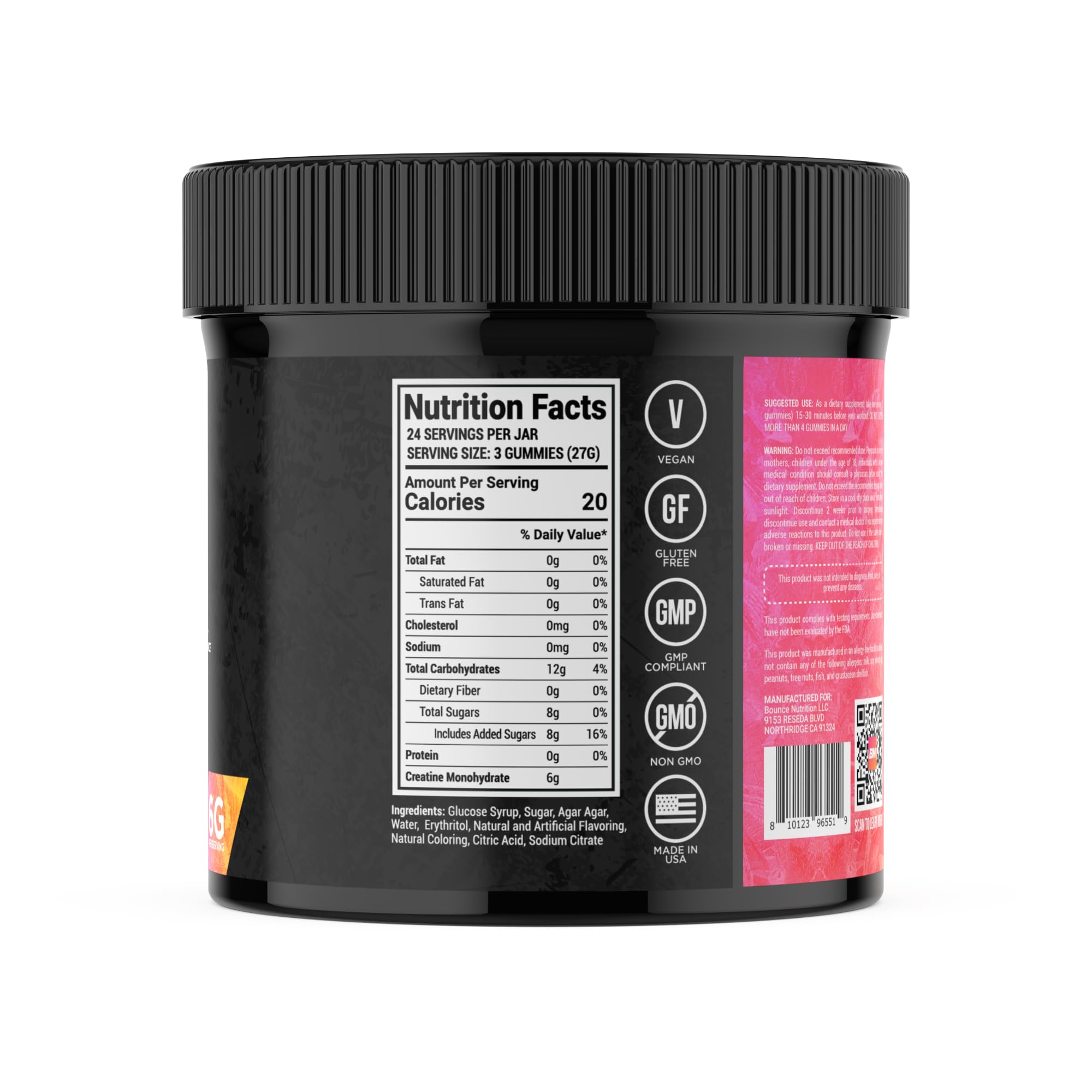 Bounce Pro Creatine Monohydrate Gummies for Men & Women, Low Calorie, 6G of Creatine per Serving, Vegan, Anti-Melting, Gluten-Free, Non-GMO, 2g of Creatine per Gummy (72ct, Peach Rings)