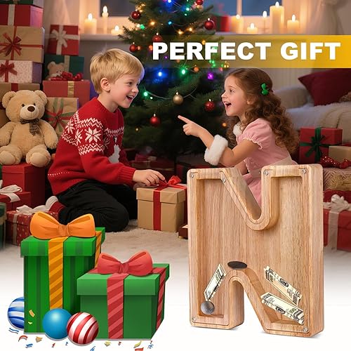 Miniatura 80 de Alcancía de madera con letras de madera, alcancía para niños y niñas, grande, 26 letras del alfabeto, banco de dinero personalizado con nombre