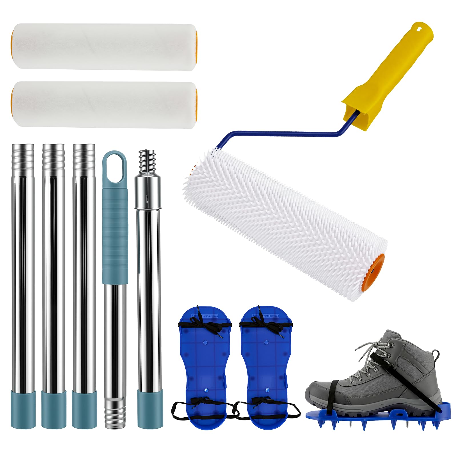 Stachelwalze Ausgleichsmasse, Nivellierfarben Bauwalzen Schaber, Glättekelle, Spikeschuhe, Farbwalzen, Selbstverlaufzement Werkzeugsatz mit Teleskopstange für Epoxidharz und Ausgleichsmasse Boden (1)