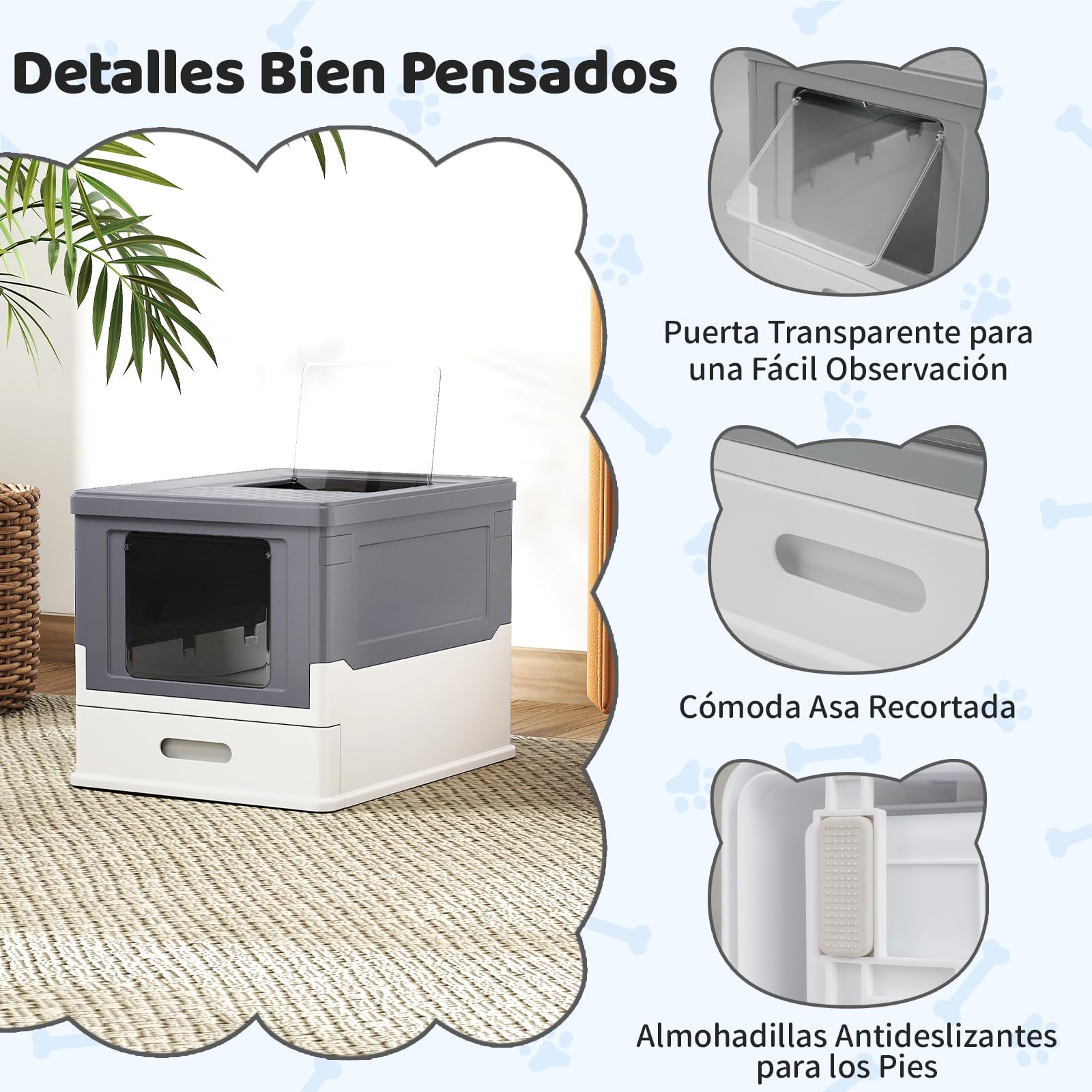 COSTWAY Arenero para Gatos Cubierto, Caja de Arena para Gatos Grande con Entrada Frontal y Salida Abatible, Bandeja Portátil, Cajón, Arenero Cerrado Plegable para Gato, 50x38x37 cm (Gris + Blanco)