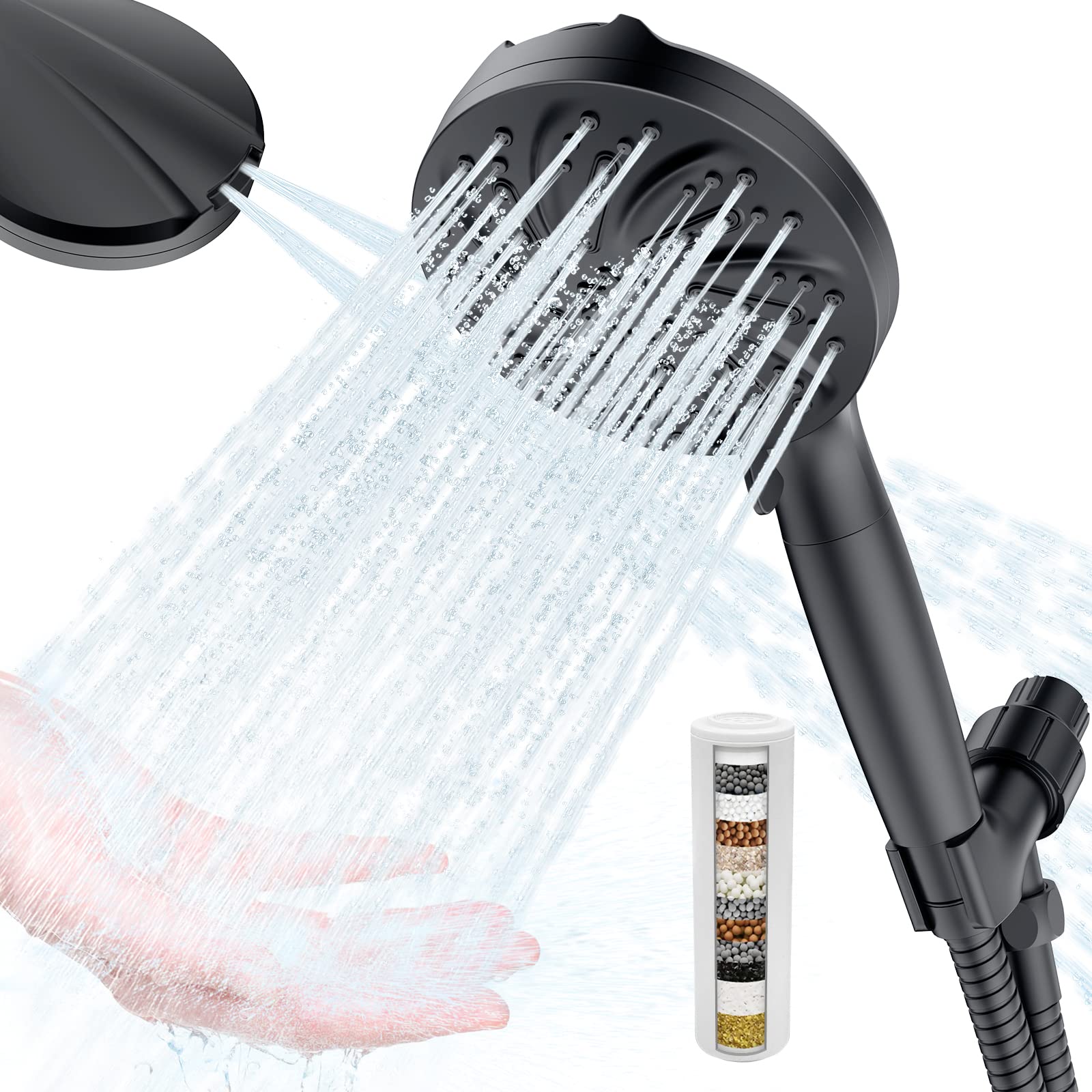 High Pressure Shower Head with Handheld - Filtered Shower Head with Pause and Jet 𝟏𝟎 Spray Modes, 5 Inch Removable Powerful High Pressure Showerhead with Extra Long Hose and Detachable Filter Wand