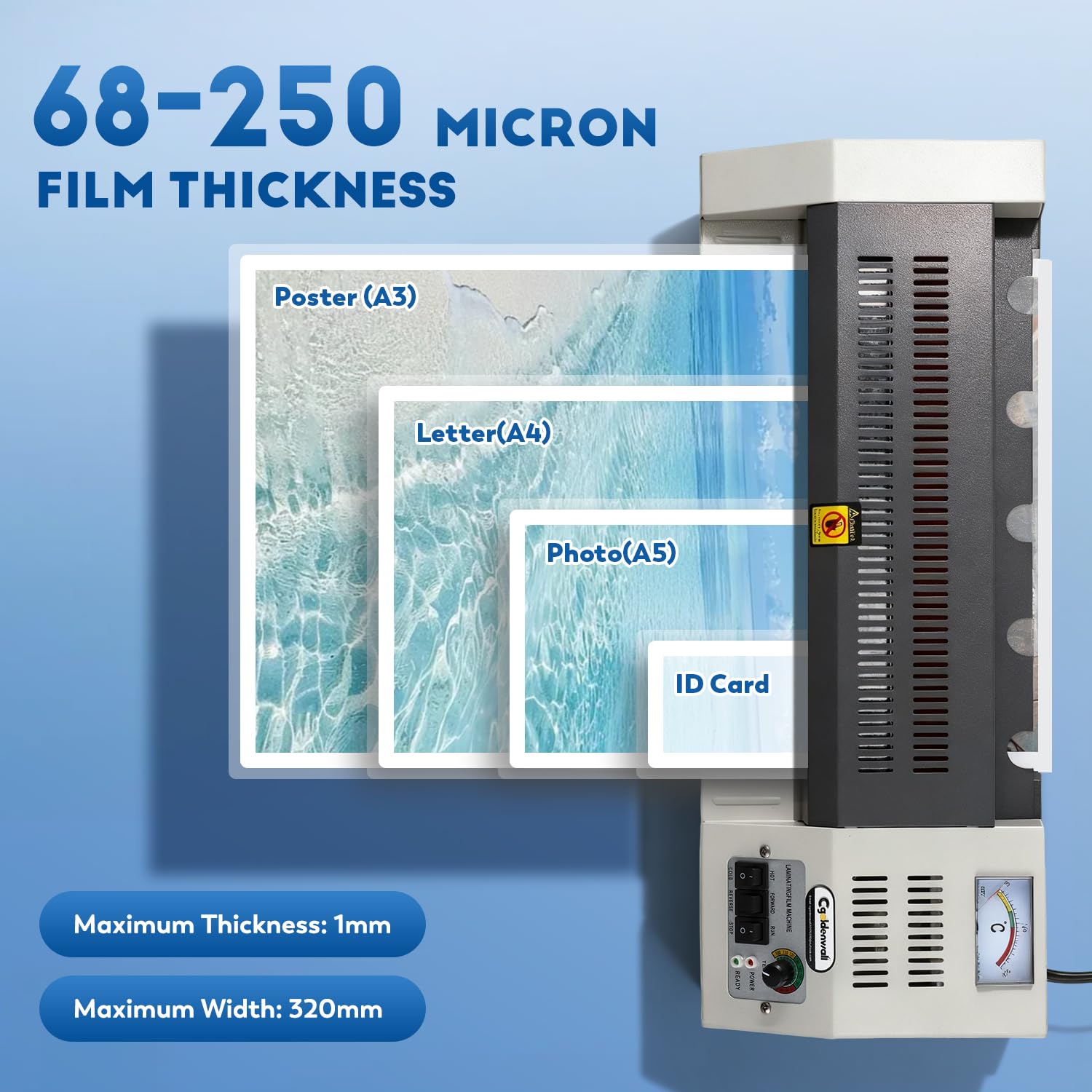 CGOLDENWALL A3 Plastificatrice 68-250 Micron, Macchina Laminatrice a 4 Rulli per Laminazione a Caldo/Freddo, Riscaldamento Rapido, Anti-Inceppamento, con Kit di Avvio (3 Tipi di Buste Incluso)